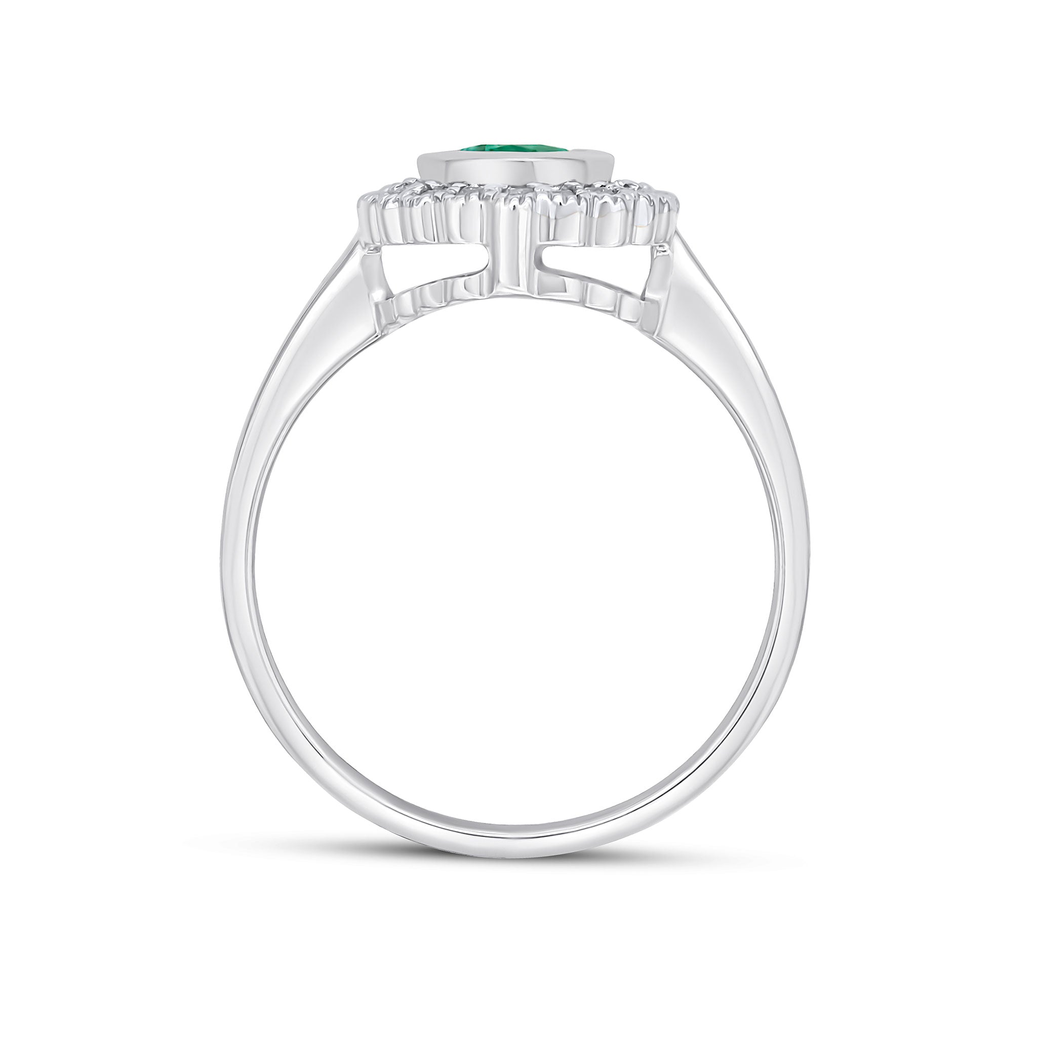 9CT WHITE GOLD RUBOVER OVAL EMERALD AND MILLEGRAIN ROUND DIAMOND CLUSTER RING 1