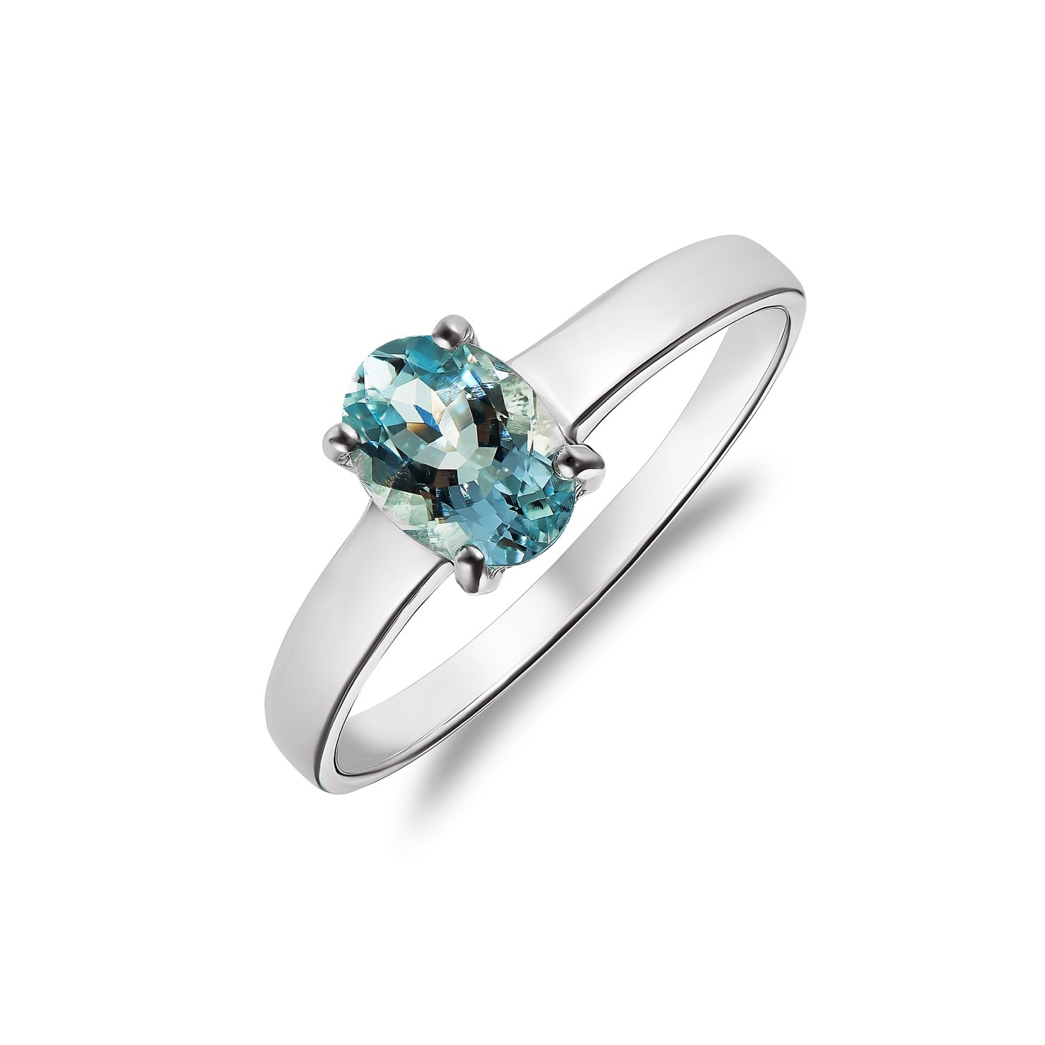 9ct White Gold 7x5mm Oval Aquamarine 4 Claw Single Stone Ring