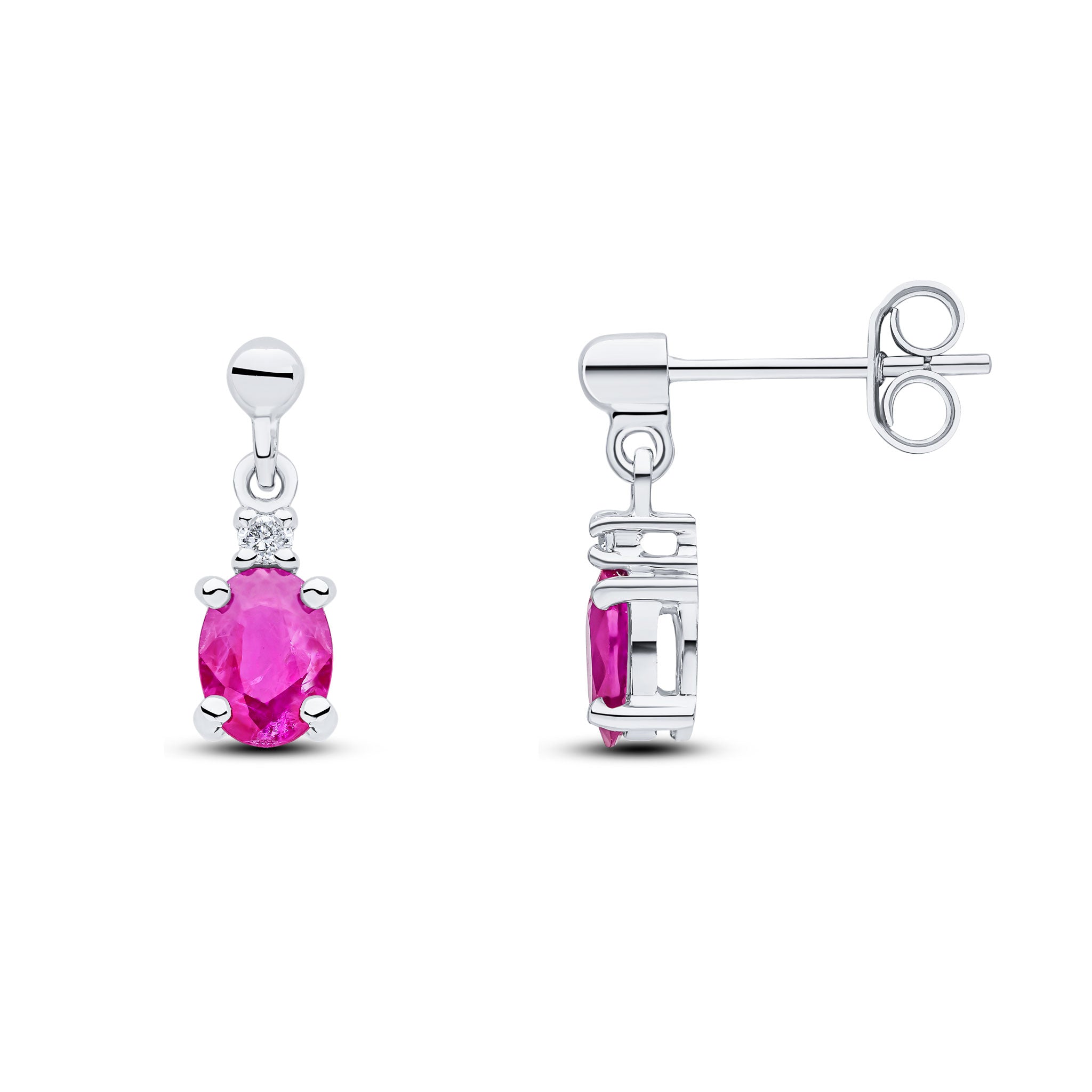 9ct White Gold Oval Ruby & Diamond Claw Set 2 Stone Drop Earrings with Bead Stud Top