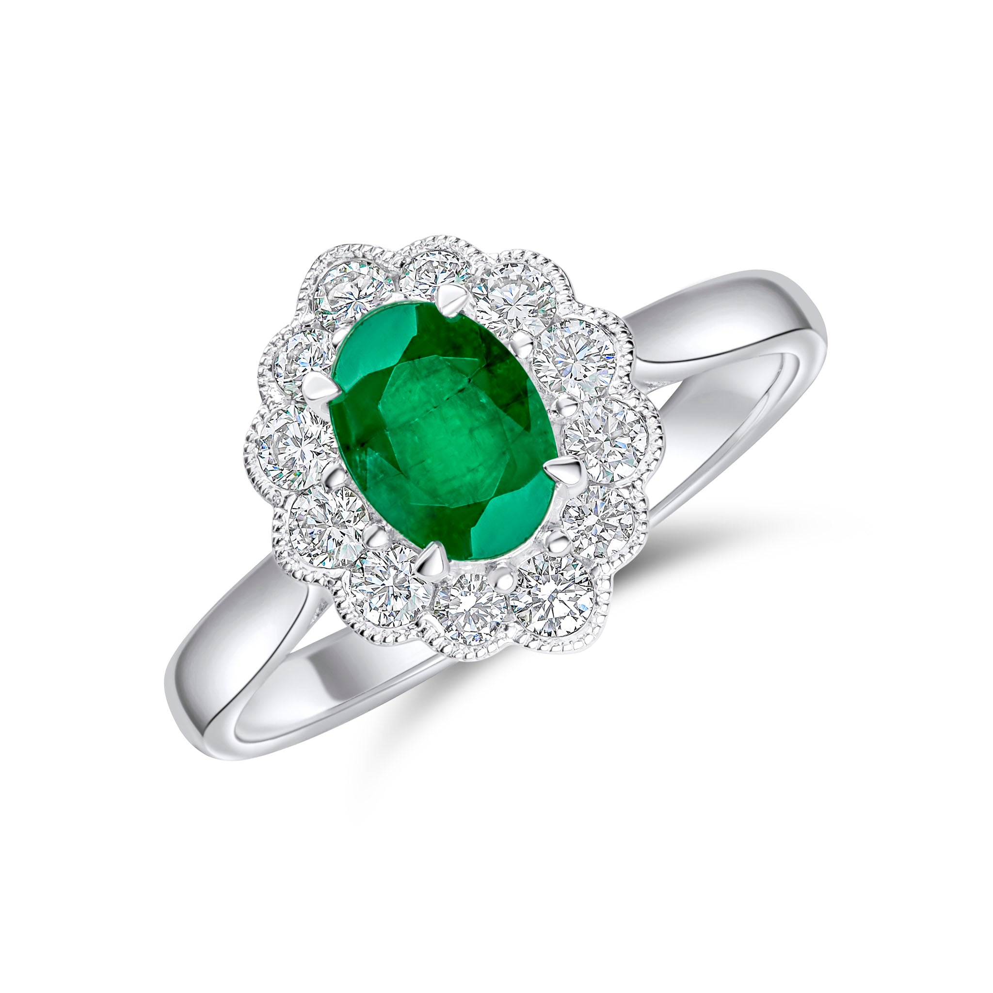 18ct White Gold 7x5 Oval Emerald An Diamond Milgrain Cluster Ring