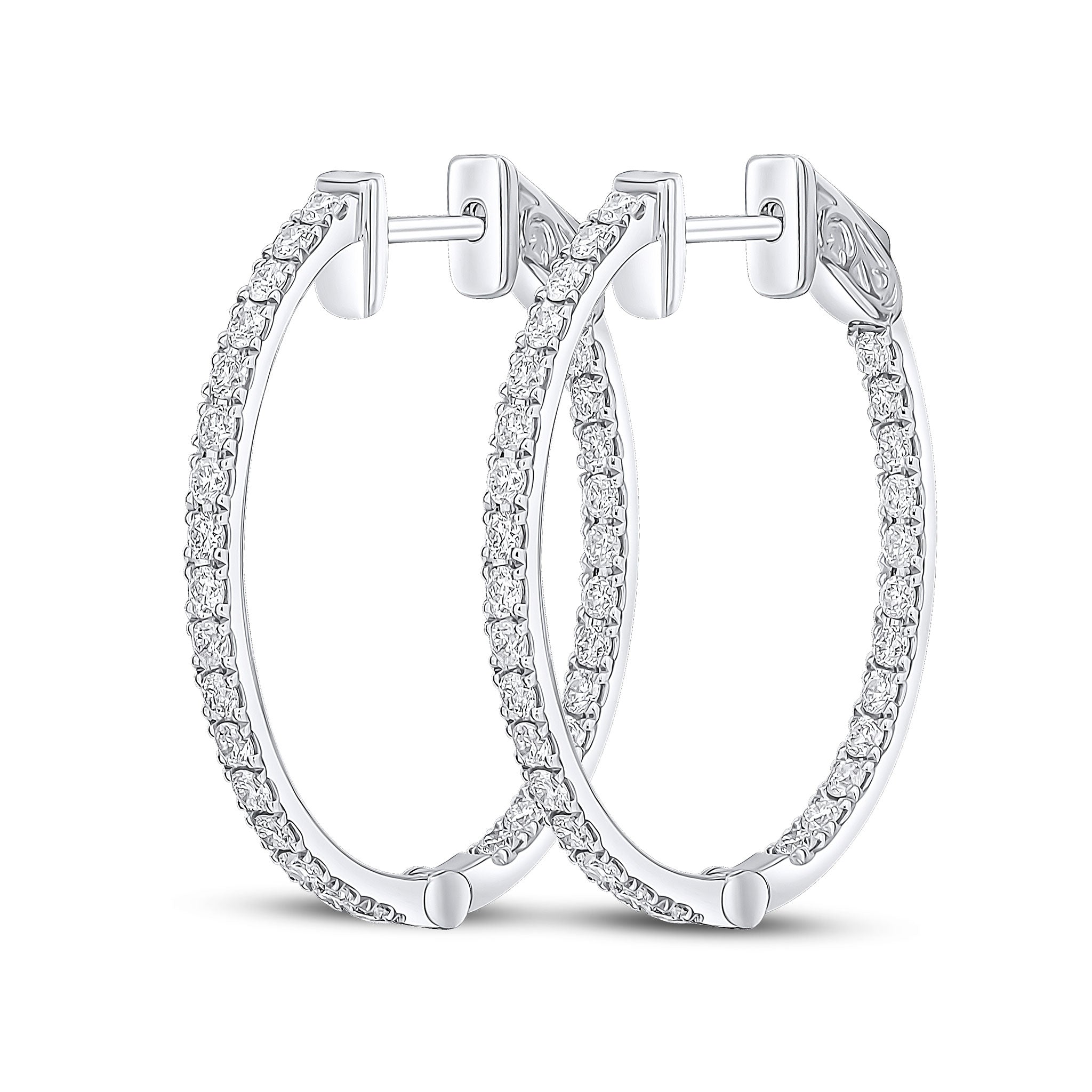 18ct White Gold Round Diamond Claw Set Oval Full Hoop Earrings 1ct