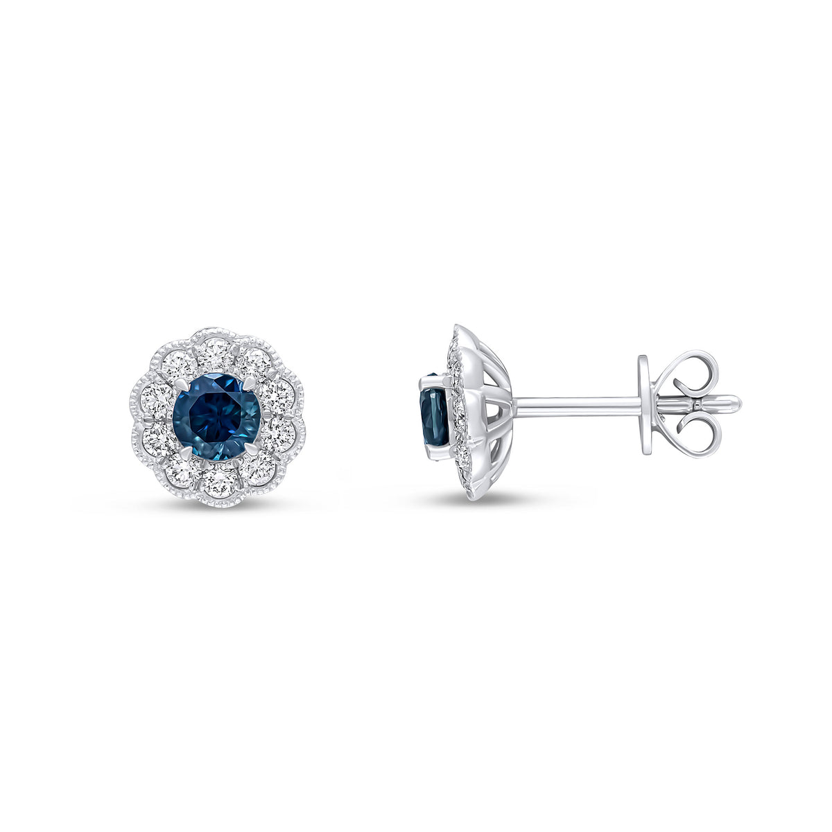 18ct White Gold Round Sapphire & Diamond Milgrain Flower Cluster Earrings