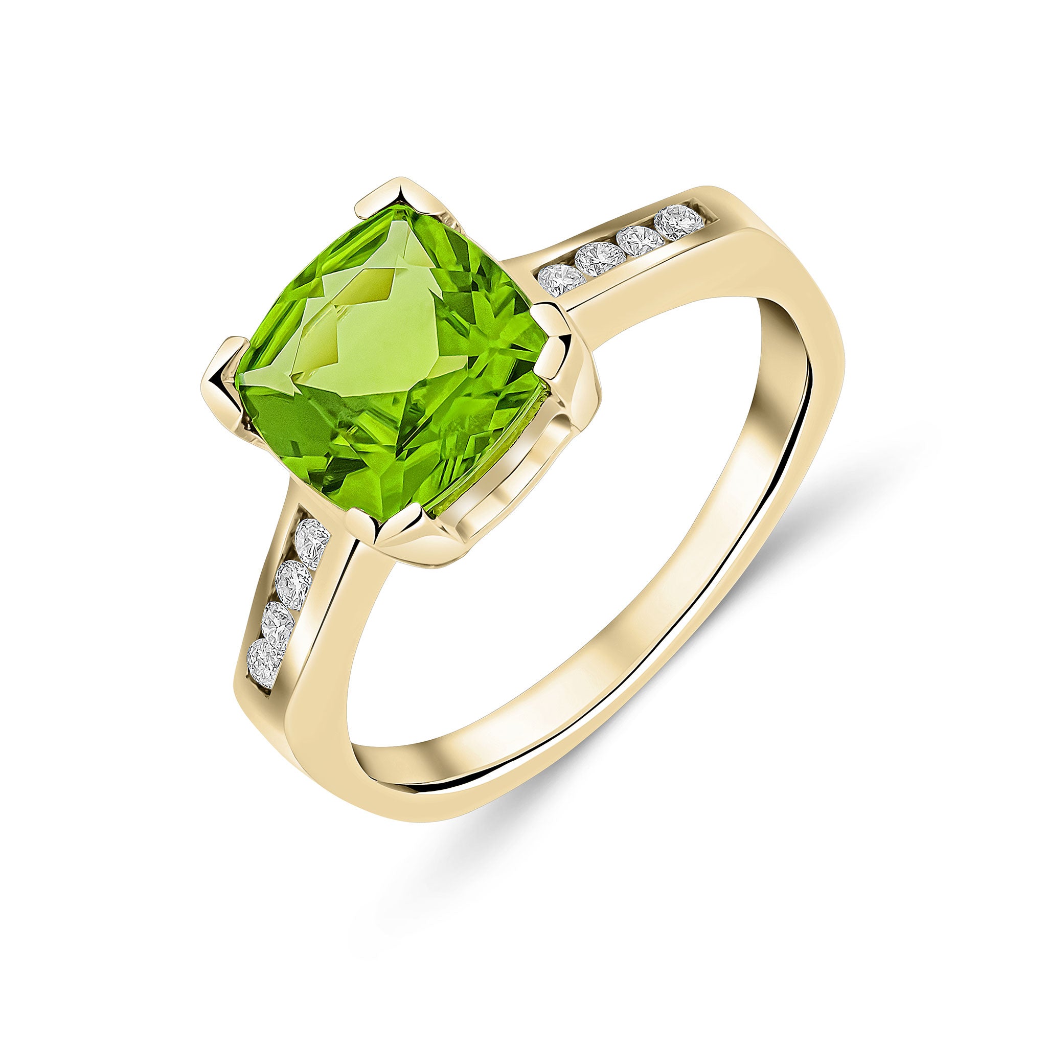9ct Yellow Gold Claw Set Cushion Peridot Single Stone Ring with Channel Set Diamond Shoulders