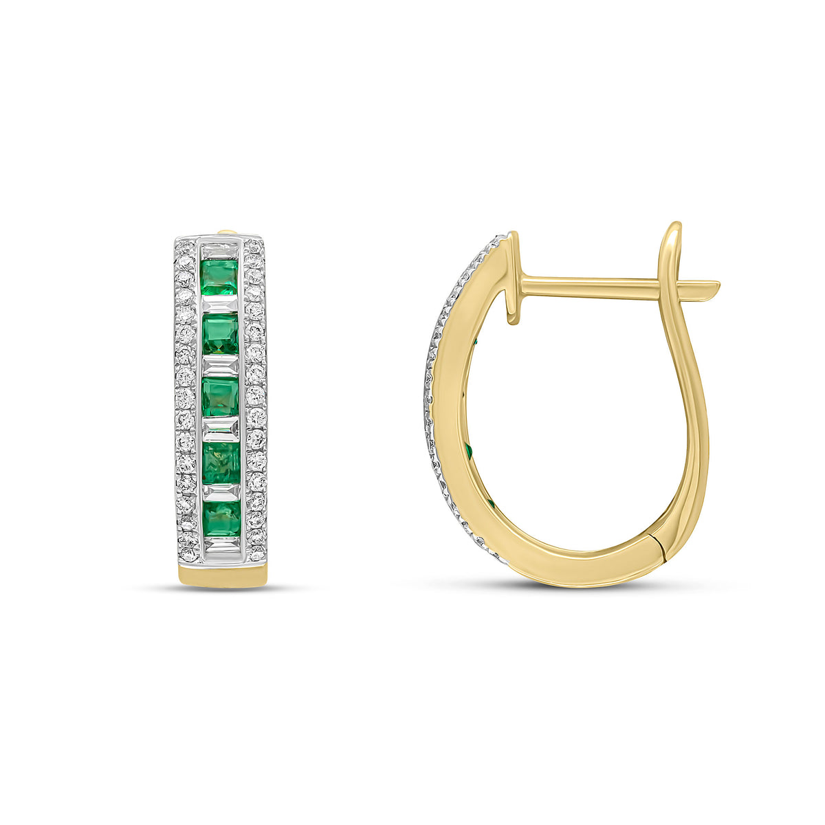 18yg Square Emerald Baguette & Brill Diamond Oval Hoops