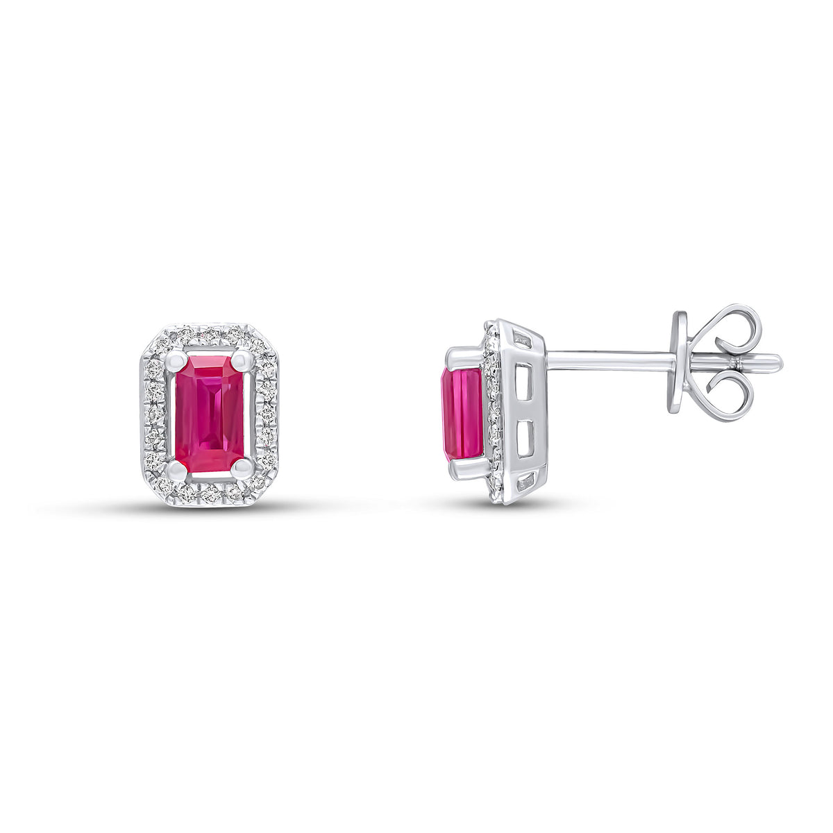 18ct White Gold 5x3 Claw Set Octagon Ruby and Grain Set Round Diamond Halo Cluster Earrings