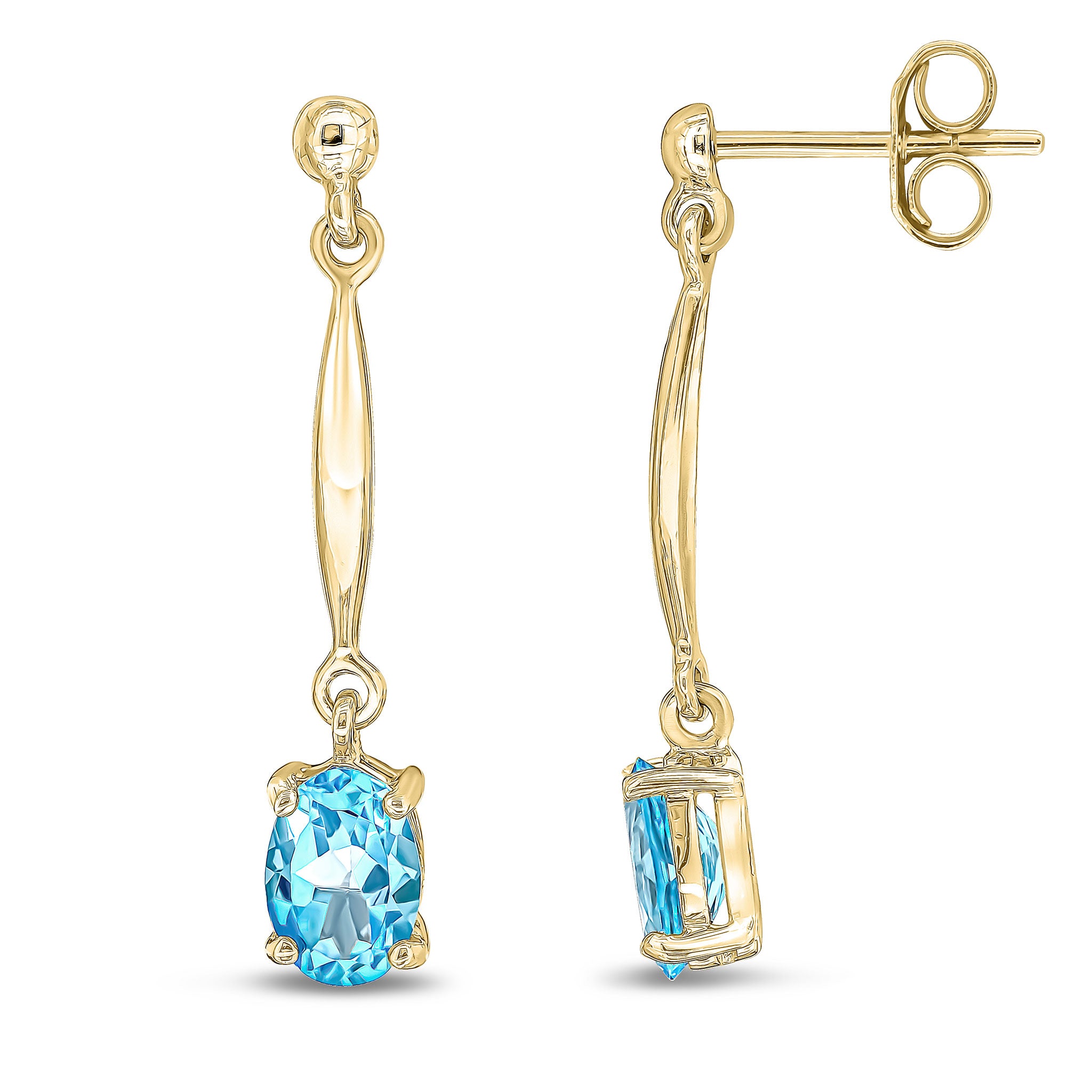 9ct Yellow Gold 7x5mm Oval Swiss Blue Topaz and Bar Drop Earrings with Bead Top