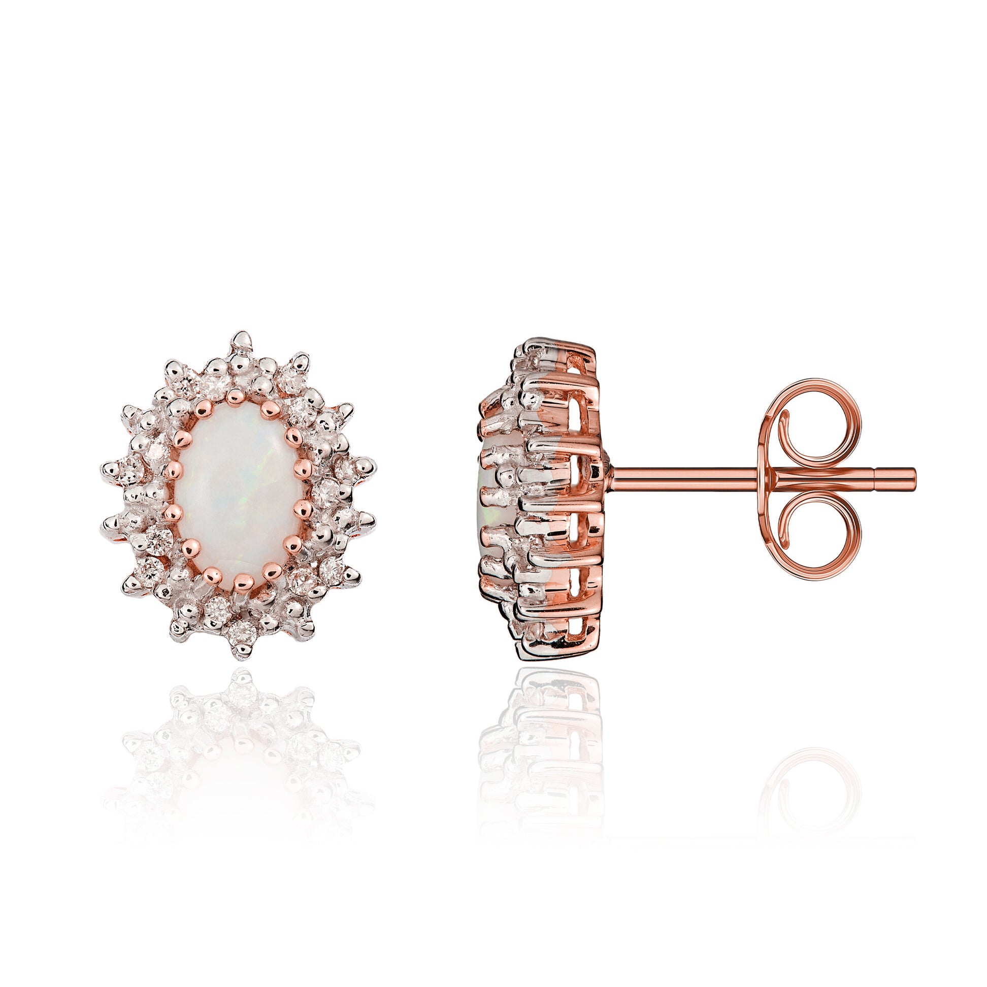 9ct Rose Gold 6x4 Oval Opal and Diamond Claw Cluster Earrings Rhodium to Diamonds