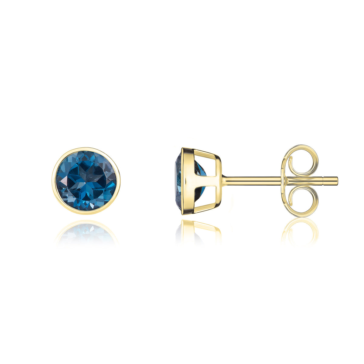 9ct Yellow Gold 5mm Round London Blue Topaz Rubover Stud Earrings