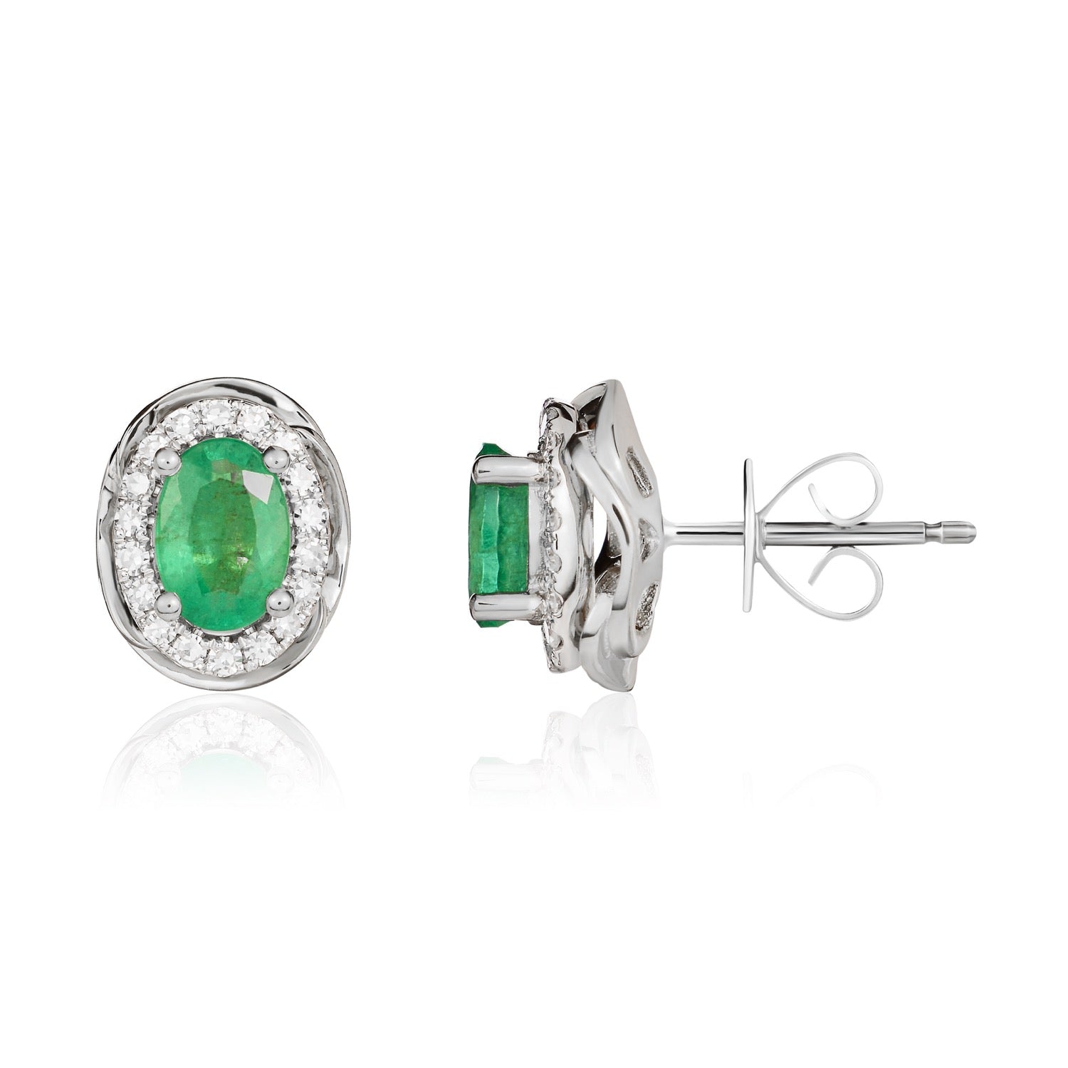 9ct White Gold 6x4 Oval Emerald & Diamond Cluster Earrings with Rope Edge