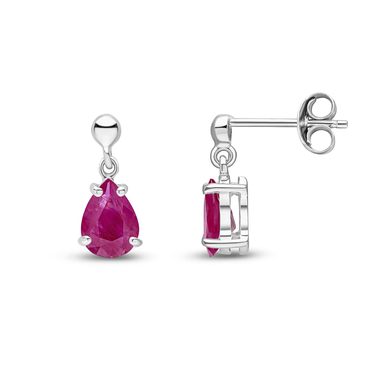 9ct White Gold 7x5 Pear Shape Ruby Claw Set Drop Earrings with Bead Top