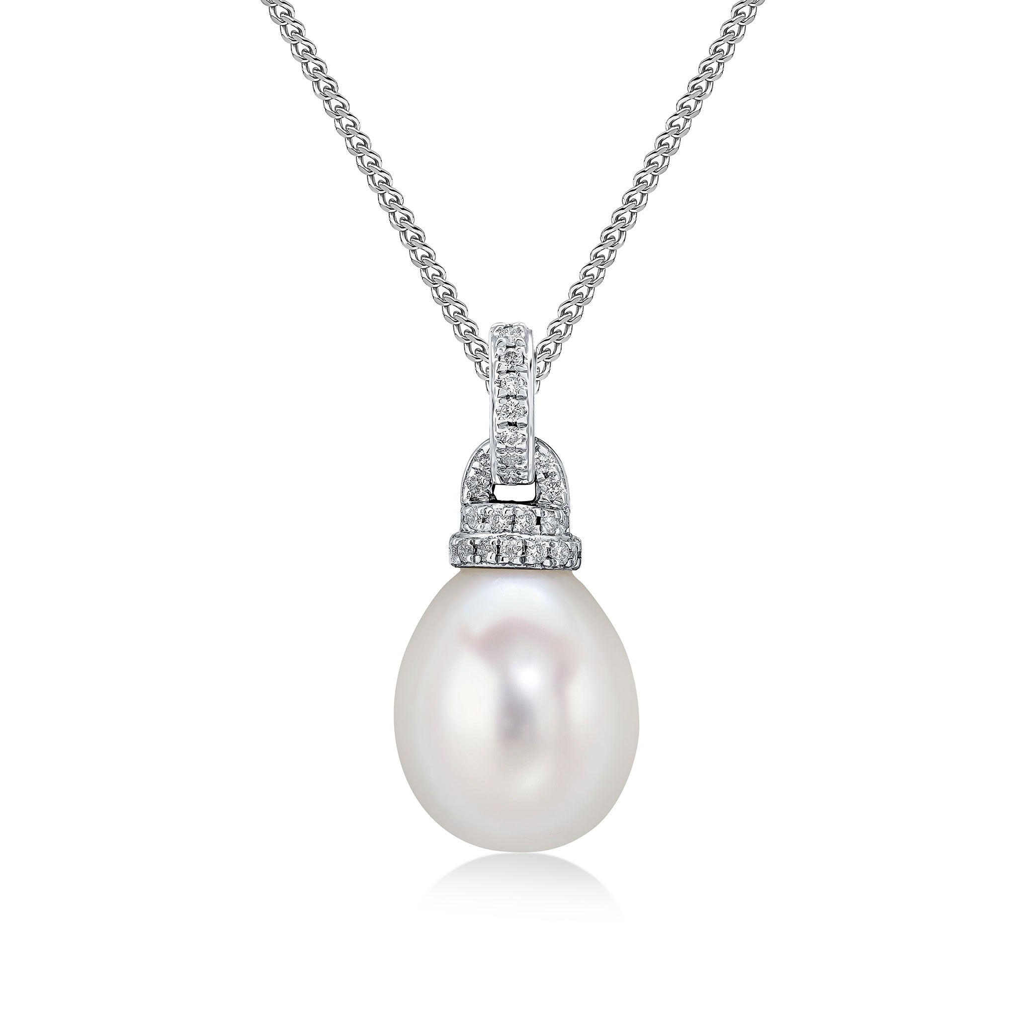 18ct White Gold Freshwater Cultured Pearl and Diamond Line and Cap Top Pendant