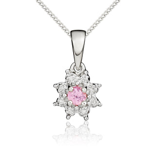 9ct white gold 3mm Round Pink Sapphire & diamond Claw Set cluster pendant