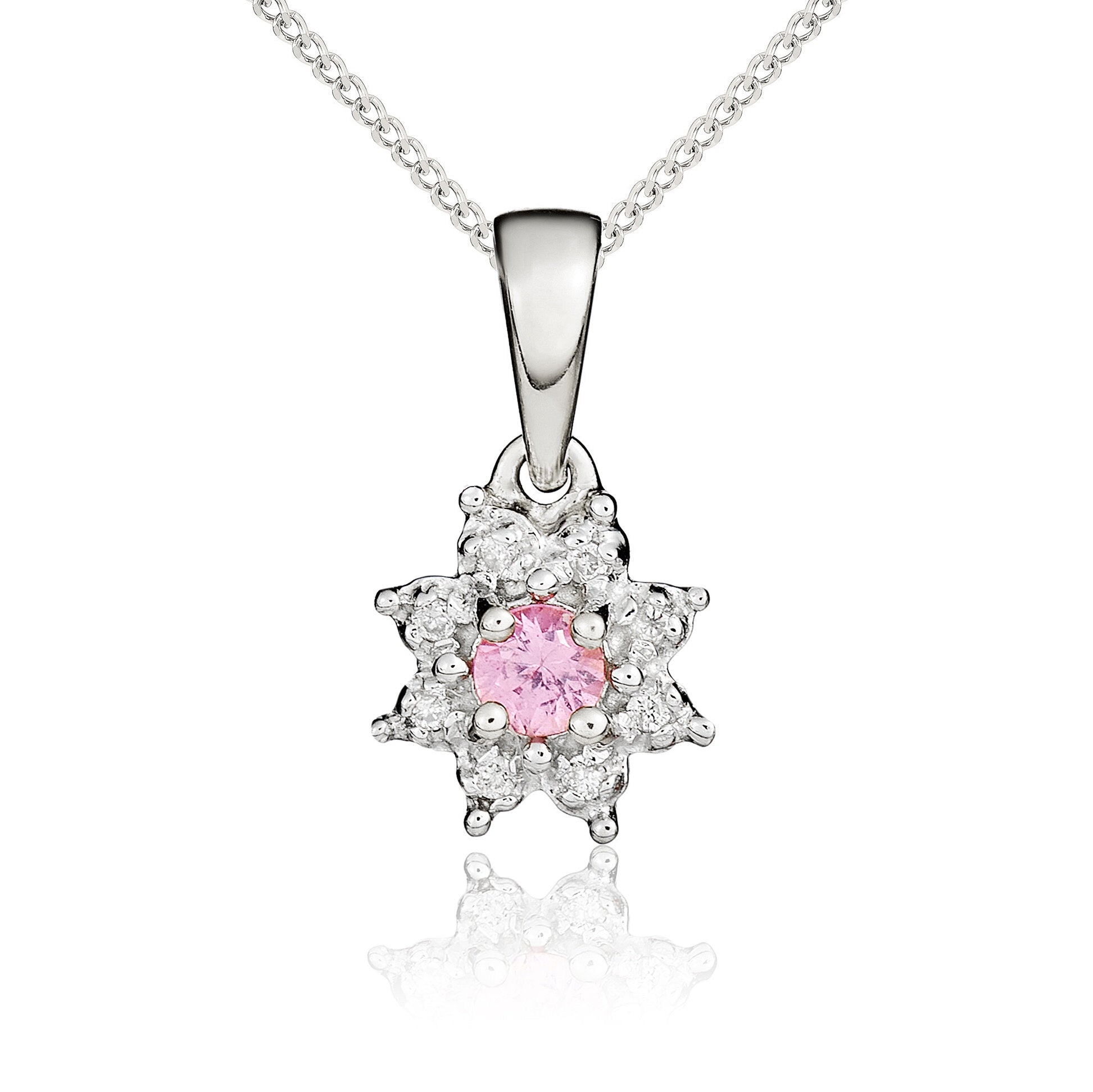 9ct white gold 3mm Round Pink Sapphire & diamond Claw Set cluster pendant