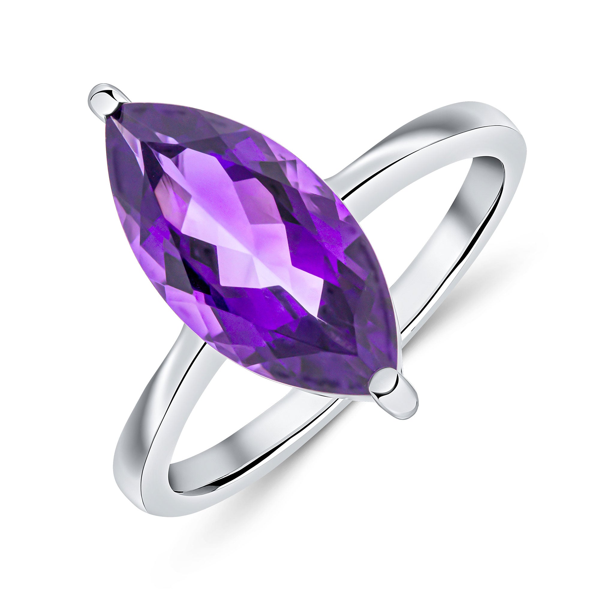 9ct White Gold 15x7 Marquise Amethyst Single Stone Claw Ring