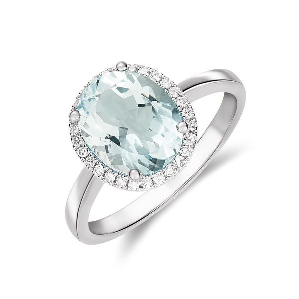 9ct White Gold 10x8 Oval Aquamarine and Diamond Claw Set Cluster Ring