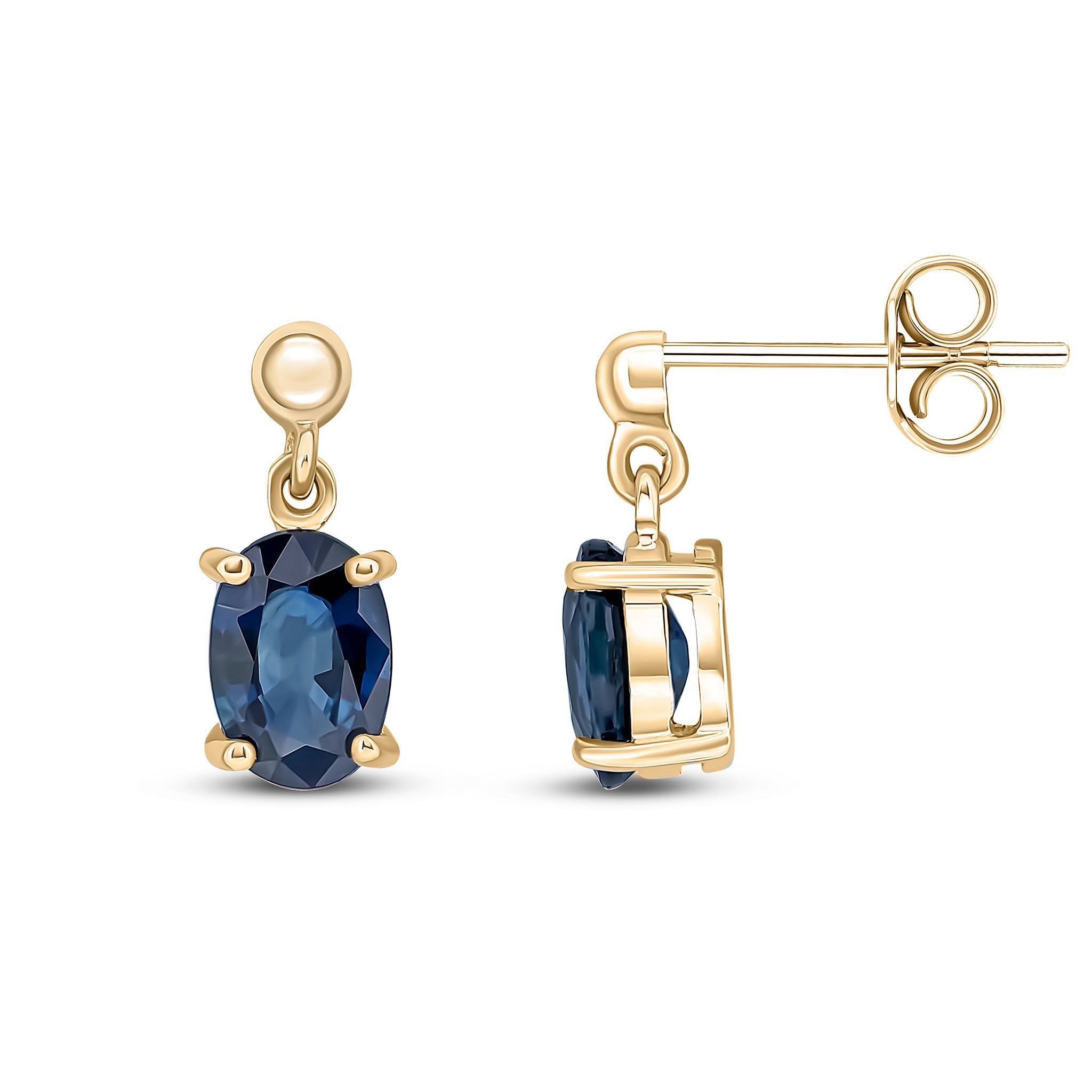 9ct Yellow Gold 7x5 Oval Sapphire Claw Set Drop Earrings with Bead Top