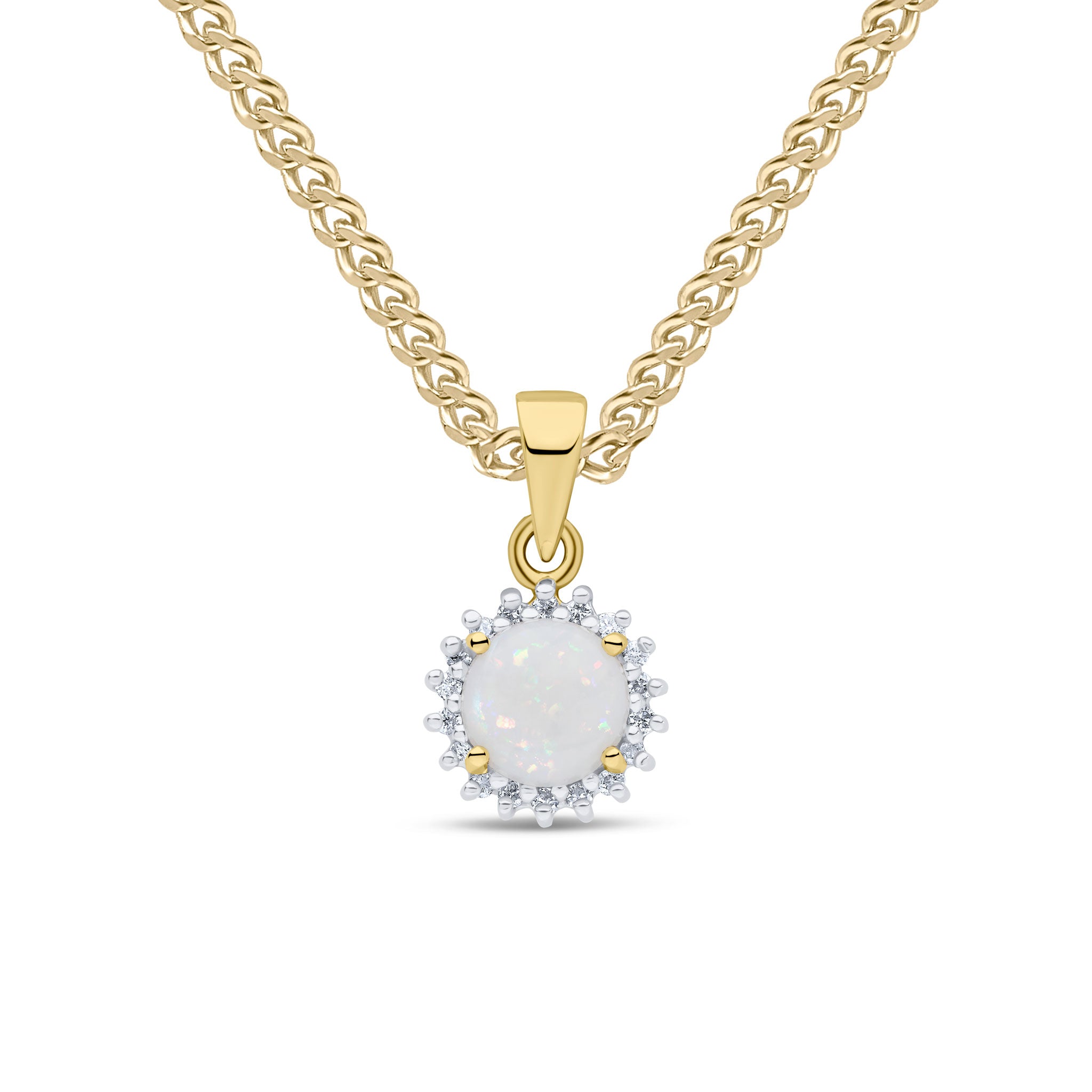9ct Yellow Gold 6mm Round Opal & Diamond Claw Set Cluster Pendant Rhodium to Diamonds