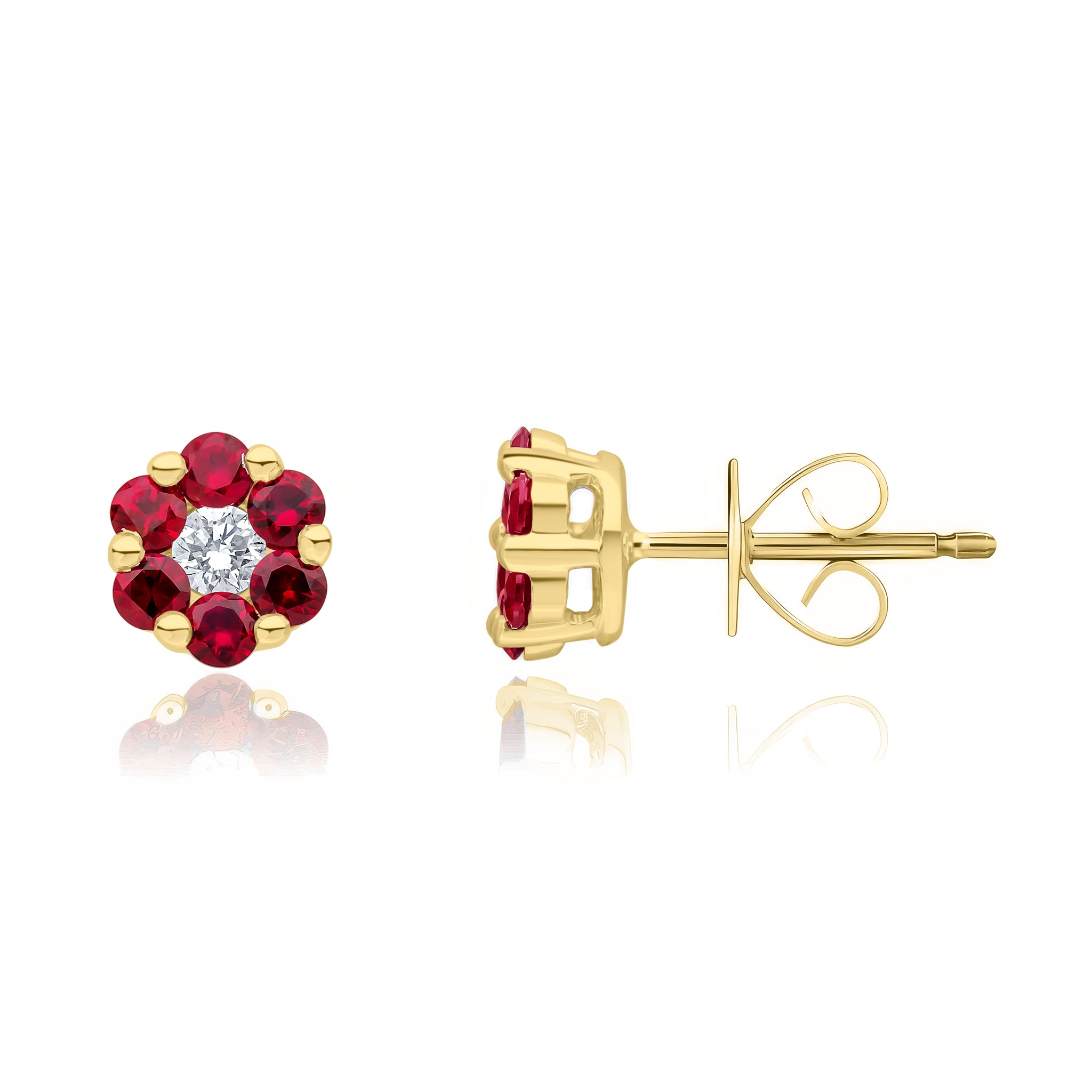18ct Yellow Gold Round Ruby and Diamond Reverse Cluster Earrings