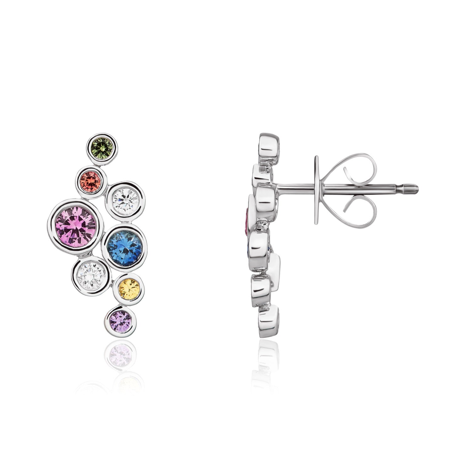 18ct White Gold Round Multi-Sapphire & Diamond 'bubble' Cluster Earrings