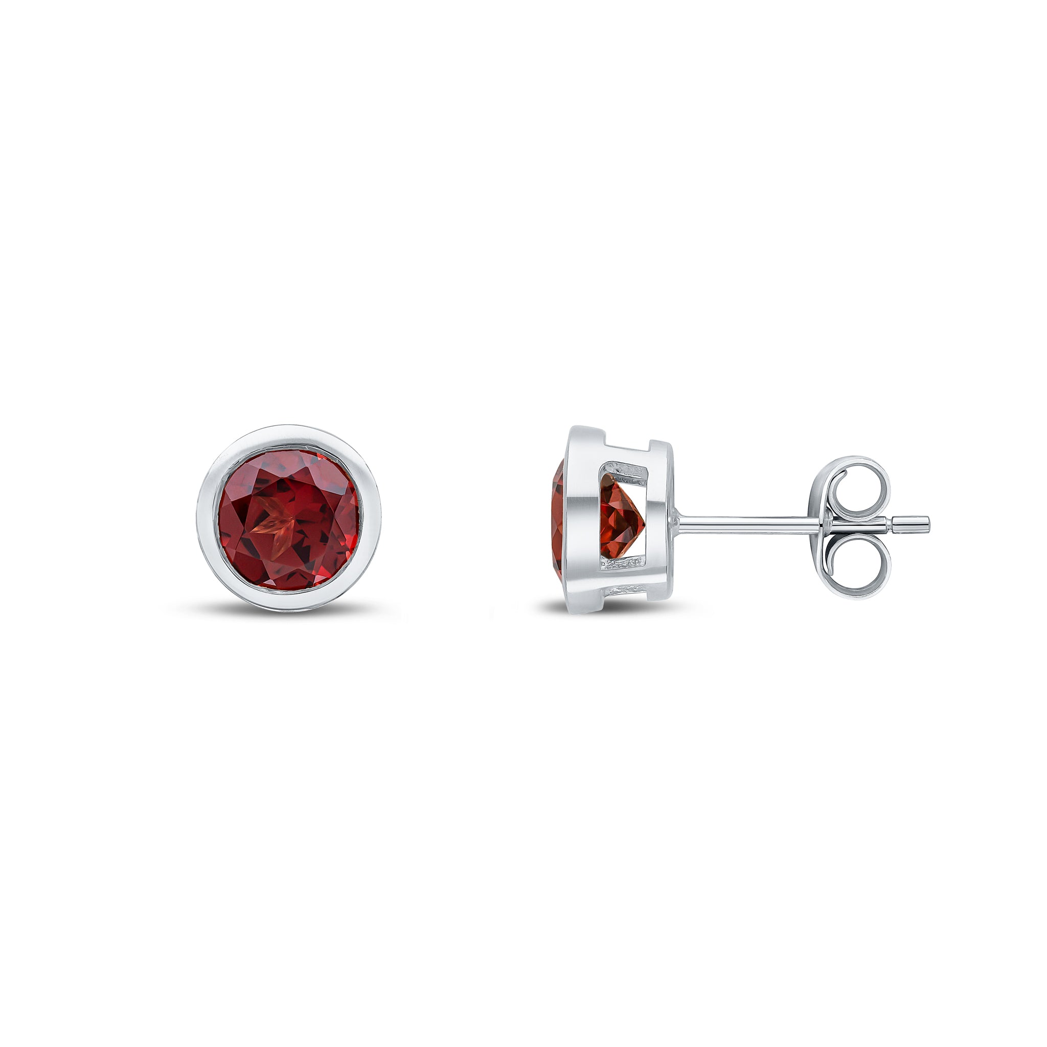 9ct White Gold 6mm Round Garnet Rubover Earrings