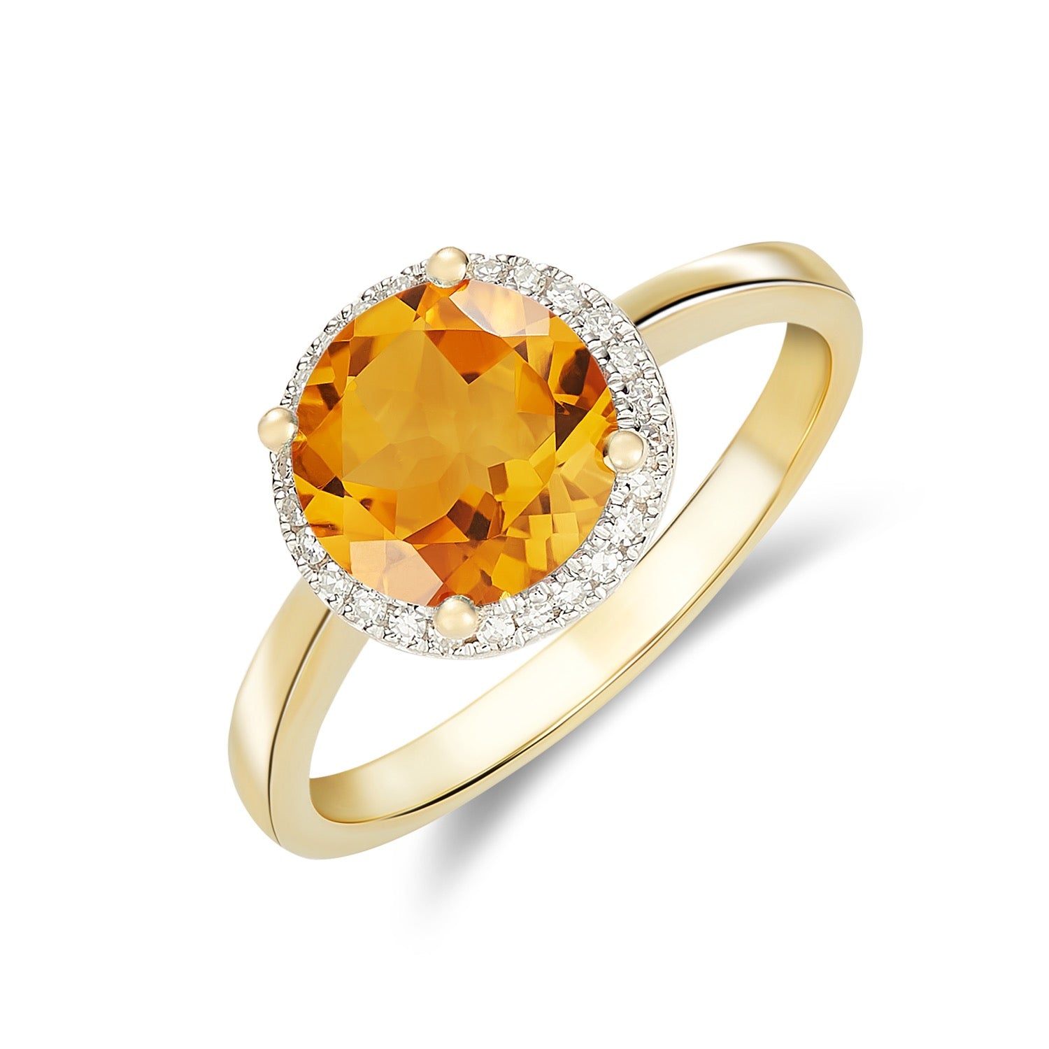 9ct Yellow Gold 8mm Round Citrine and Diamond Claw Cluster Ring Rhodium to Diamonds