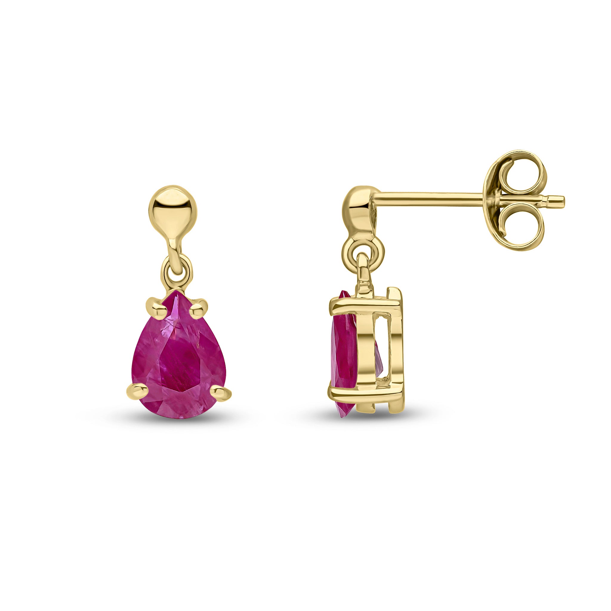 9ct Yellow Gold 7x5 Pear Shape Ruby Claw Set Drop Earrings with Bead Top