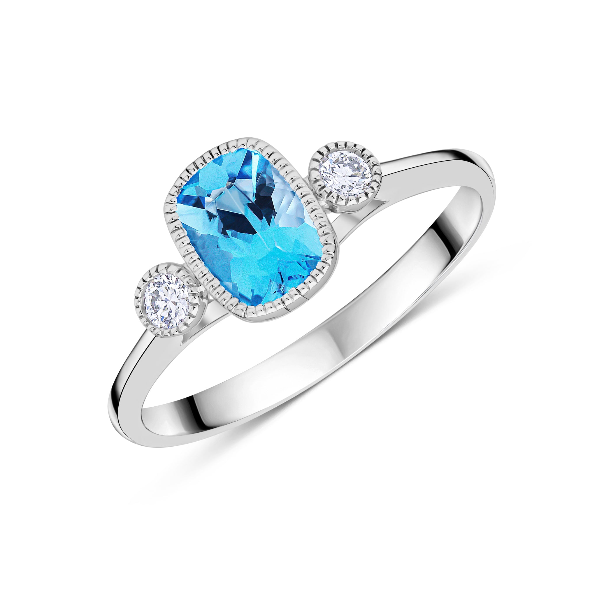 9CT WG 7X5 CUSHION SWISS BLUE TOPAZ & ROUND DIAMOND MILLEGRAIN SET 3ST RING 1