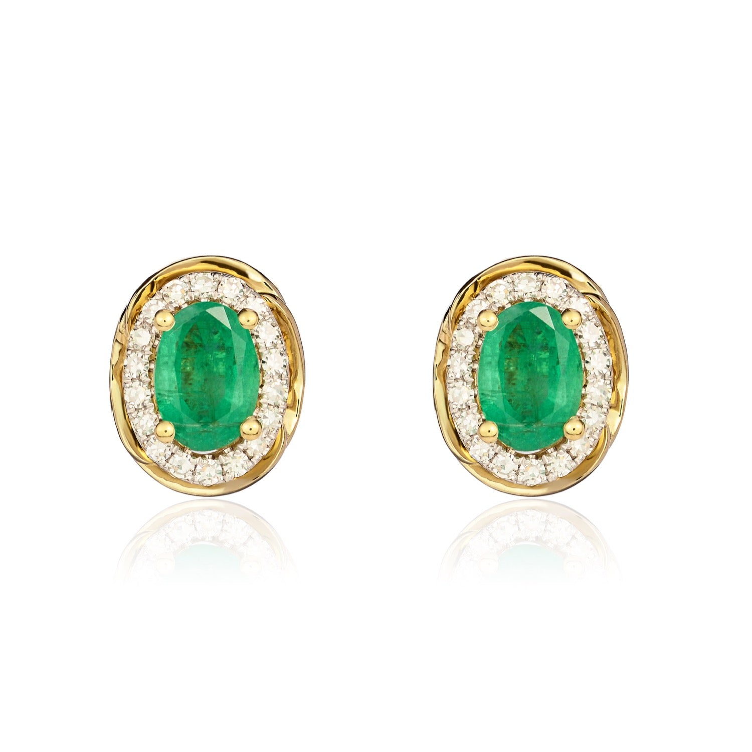 9ct Yellow Gold 7x5 Oval Emerald & Diamond Cluster Earrings with Rope Edge Rhodium to Diamonds
