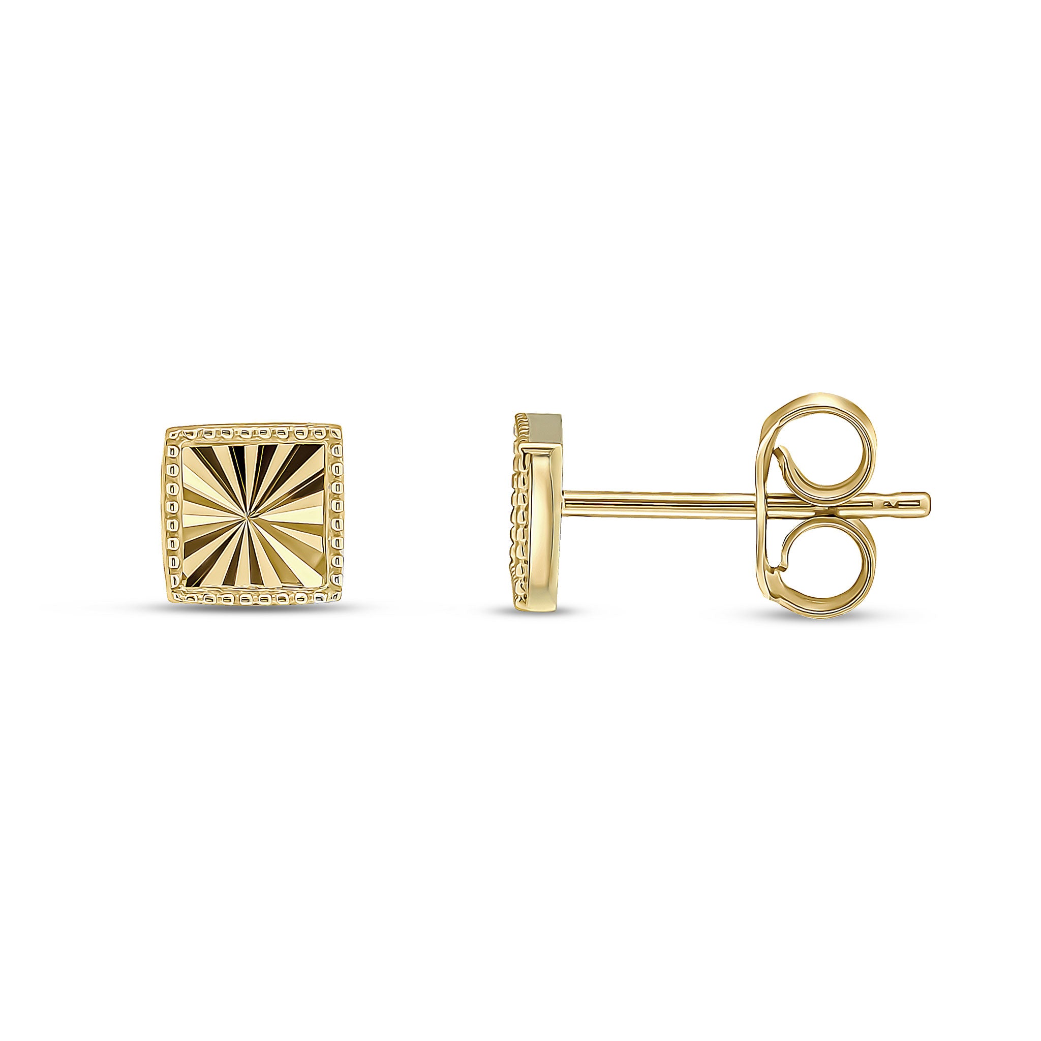 9ct Yellow Gold Diamond Cut Beaded Edge Square Stud Earrings