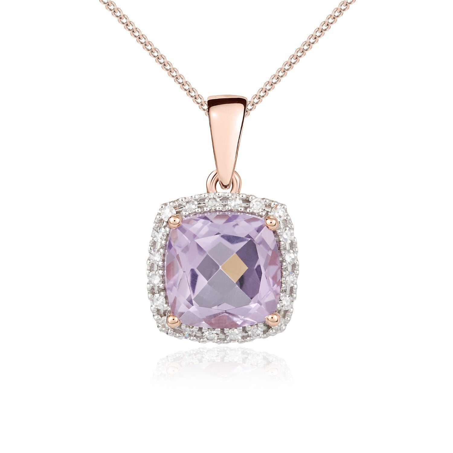 9ct Rose Gold Cushion Pink Amethyst And diamond Claw cluster pendant