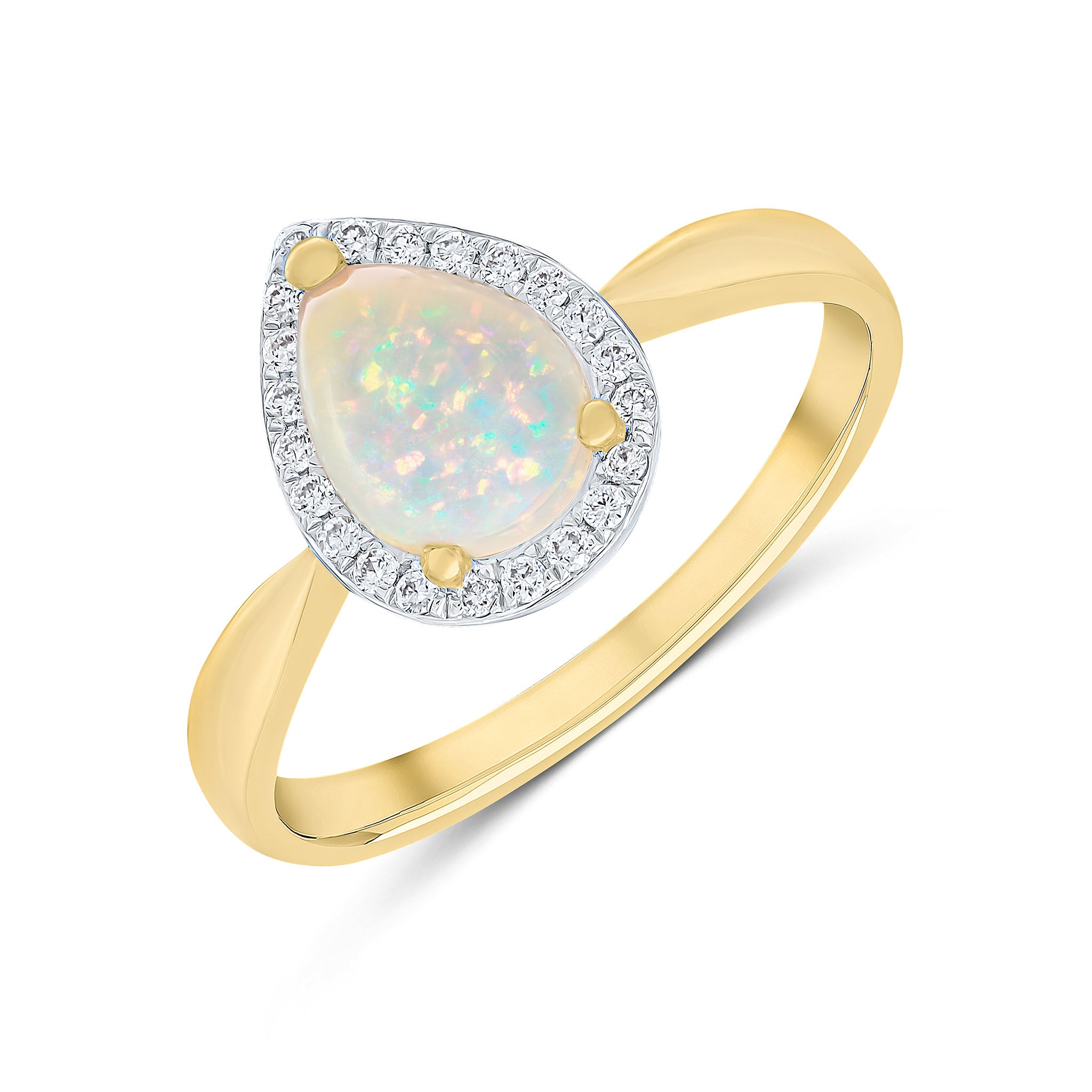 18ct Yellow Gold Claw Set 8x6 Pear Shape Opal and Round Diamond Grain Set Cluster Ring Rhodium to Diamonds