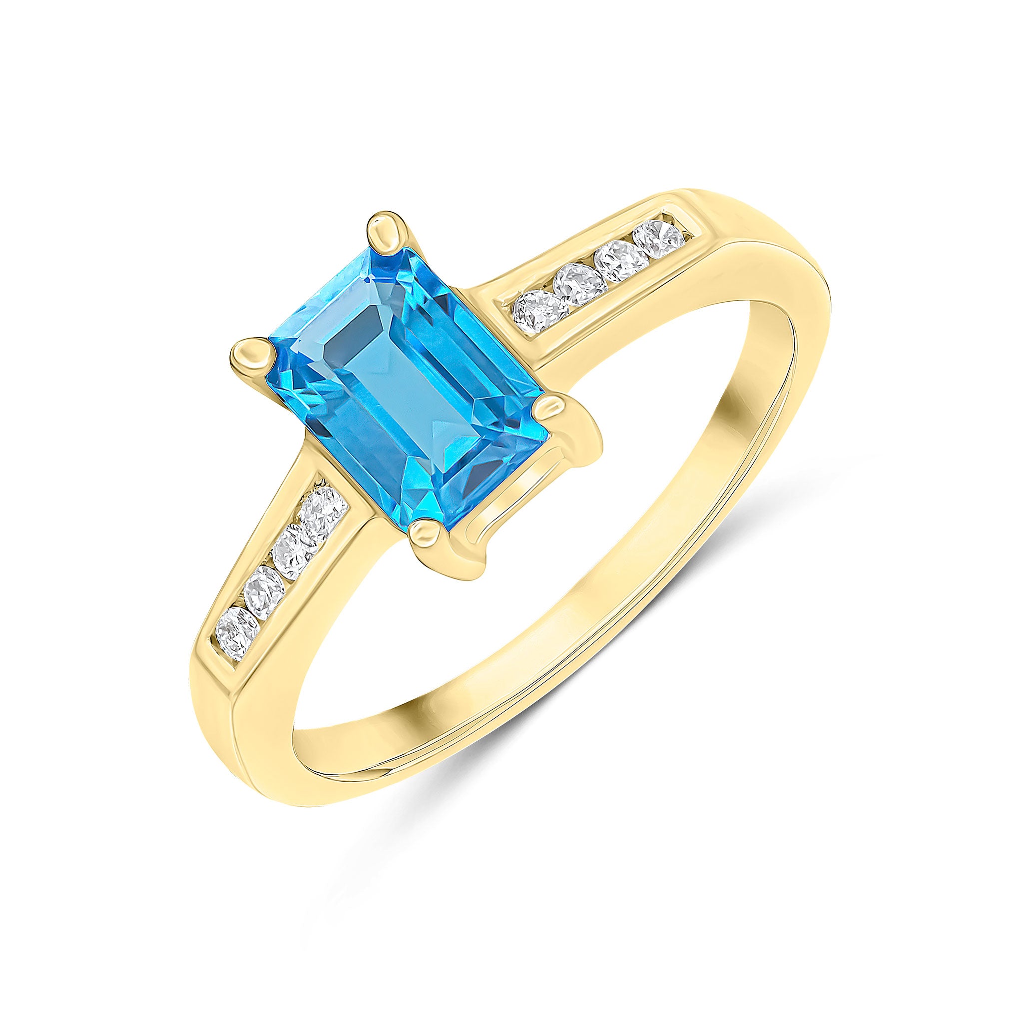 9CT YG 7X5 OCTAGON SWISS BLUE TOPAZ CLAW SET SINGLE STONE RING WITH CHANNEL SET DIAMOND SHOULDERS 1