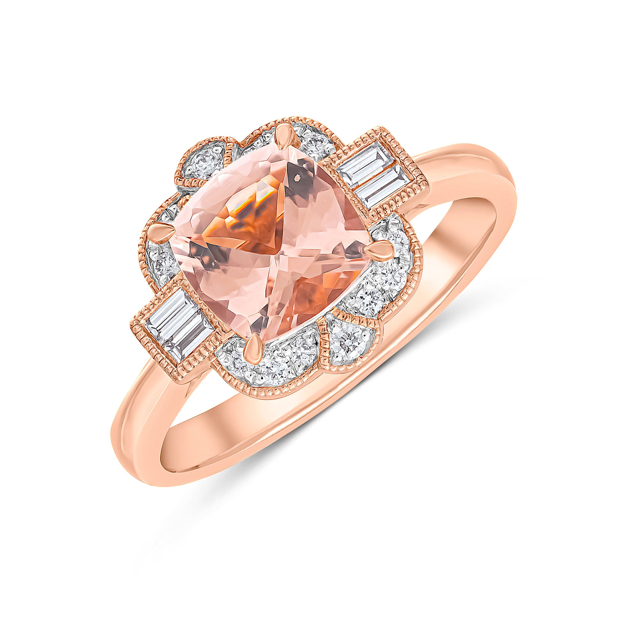 18ct Rose Gold Cushion Morgnite & Baguette & Round Diamond Cluster Ring with Milgrain Edge