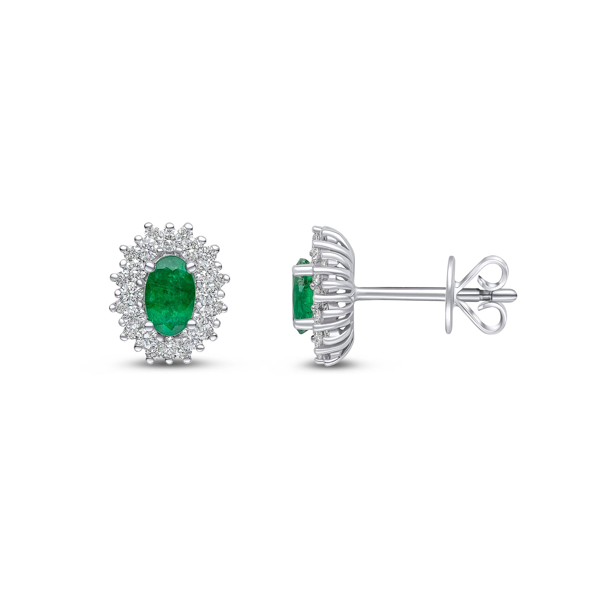 18ct White Gold 5x3 Oval Emerald and Round Diamond Claw Set Cluster Earrings