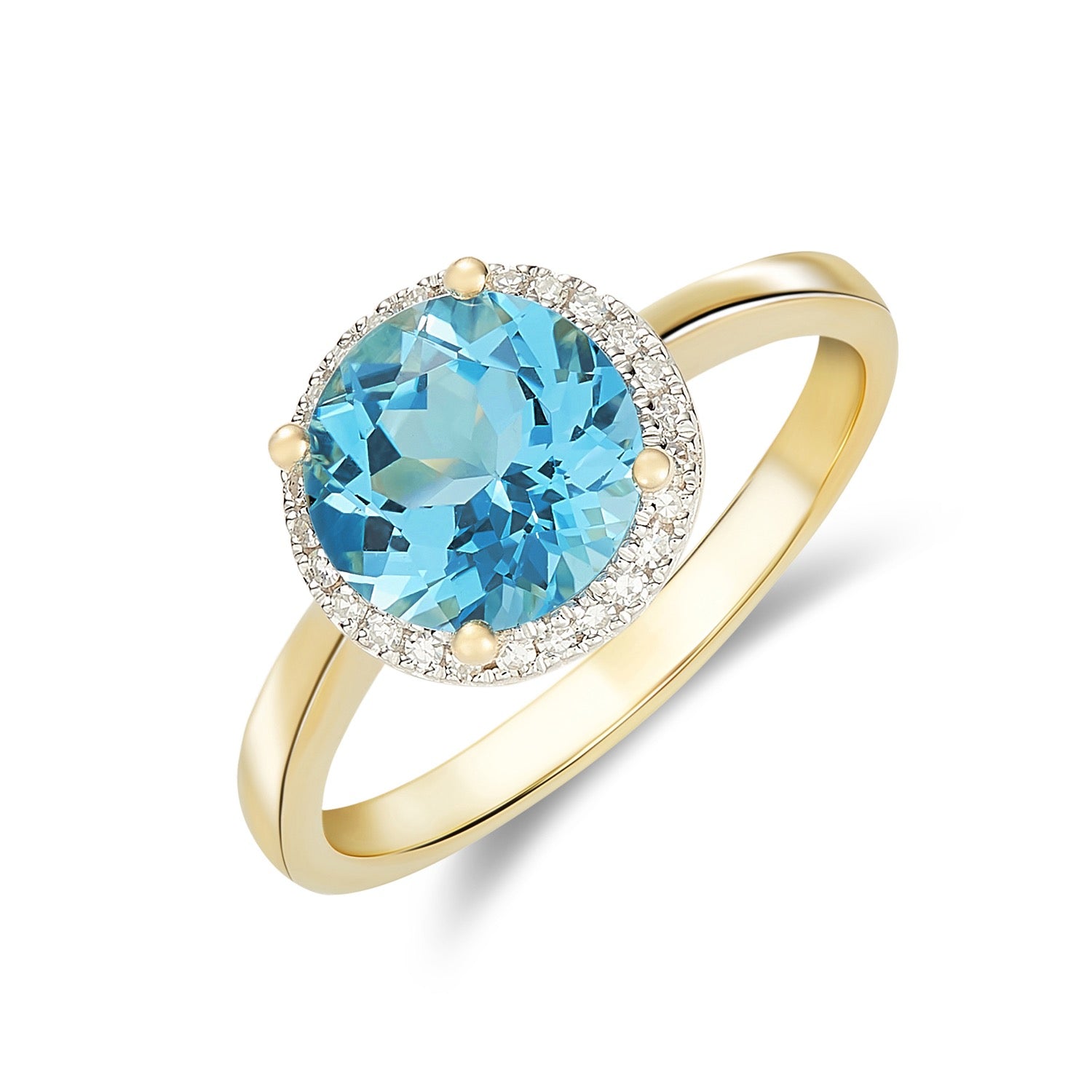 9ct Yellow Gold 8mm Round Swiss Blue Topaz and Diamond Claw Cluster Ring Rhodium to Diamonds