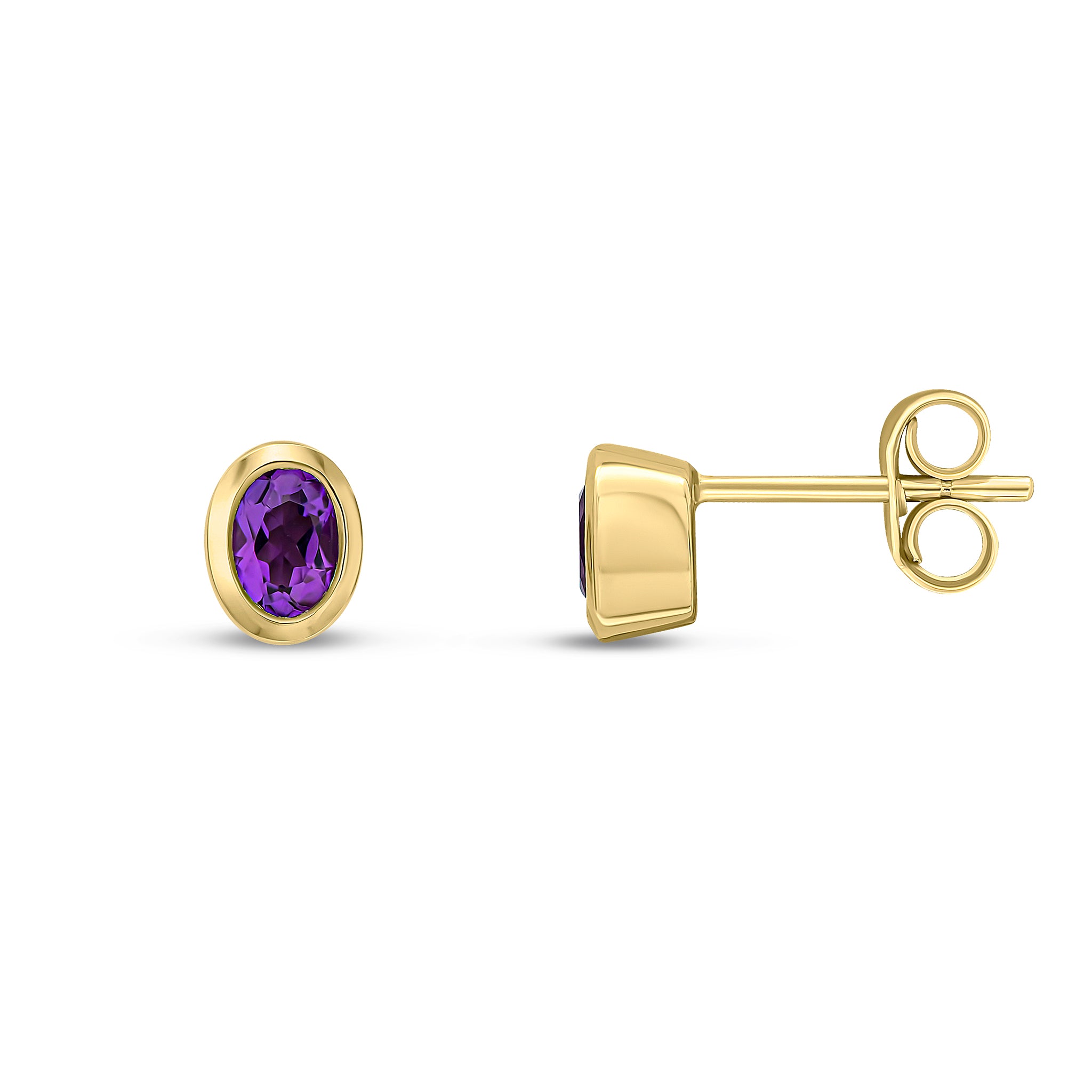 9ct Yellow Gold 4x3 Oval Amethyst Rubover Set Earrings