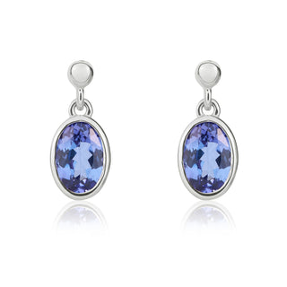 9ct white gold 6 x 4mm Oval Tanzanite Rubover Drop Earrings With 2.5mm Bead Top