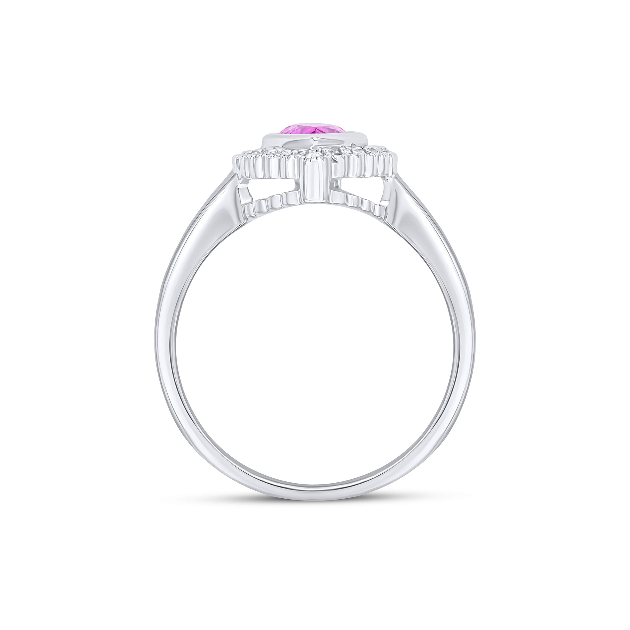 9CT WHITE GOLD PEARSHAPE RUBOVER PINK SAPPHIRE AND MILLEGRAIN ROUND DIAMOND CLUSTER RING. 1