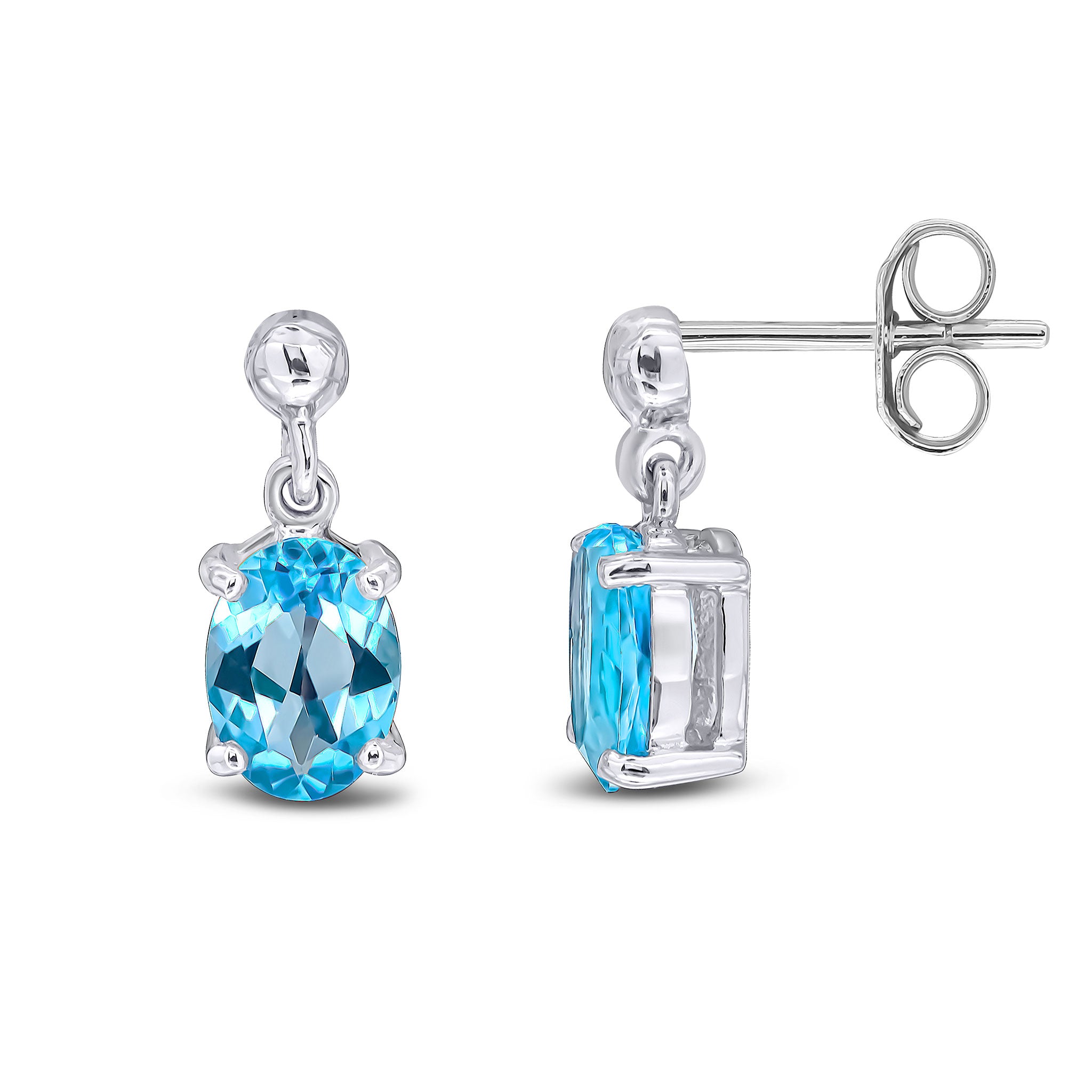 9ct White Gold Oval 7x5mm Swiss Blue Topaz Claw Drop Earrings with Bead Top