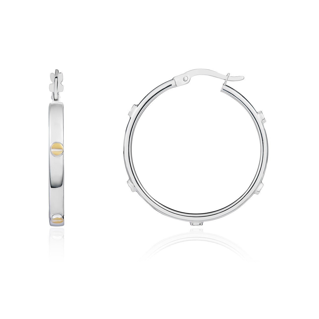 9ct white gold Square Profile Hoop Earrings With Yellow Gold Screw Motifs.