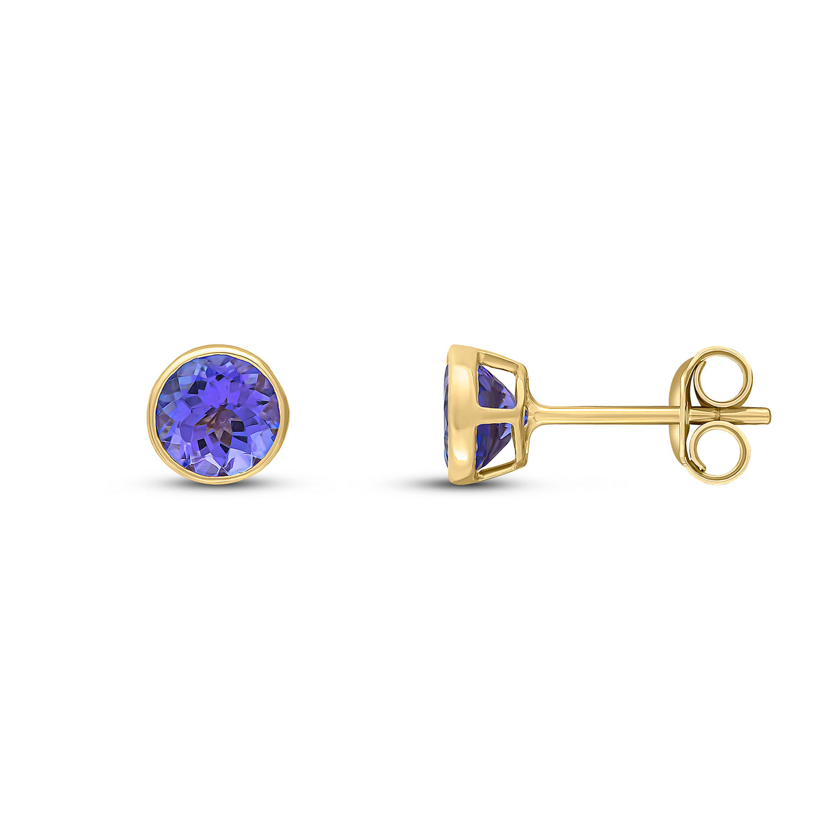 9ct Yellow Gold 5mm Round Tanzanite Rubover Stud Earrings