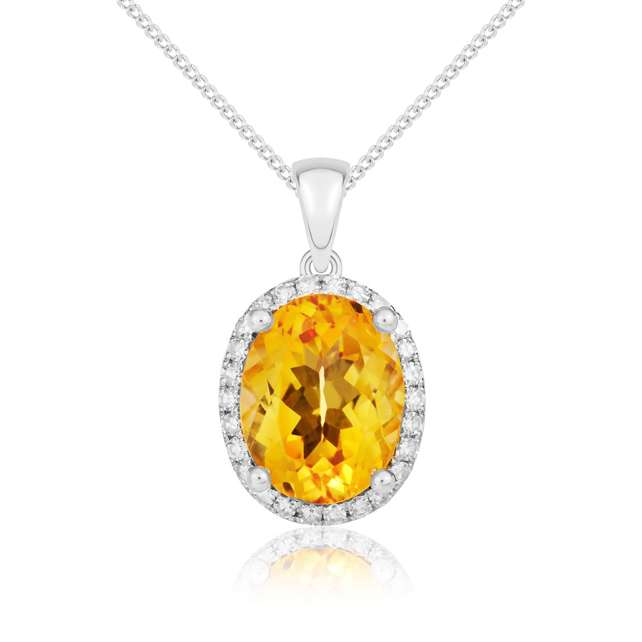 9ct White Gold 9x7 Oval Citrine & Diamond Claw Set Cluster Pendant