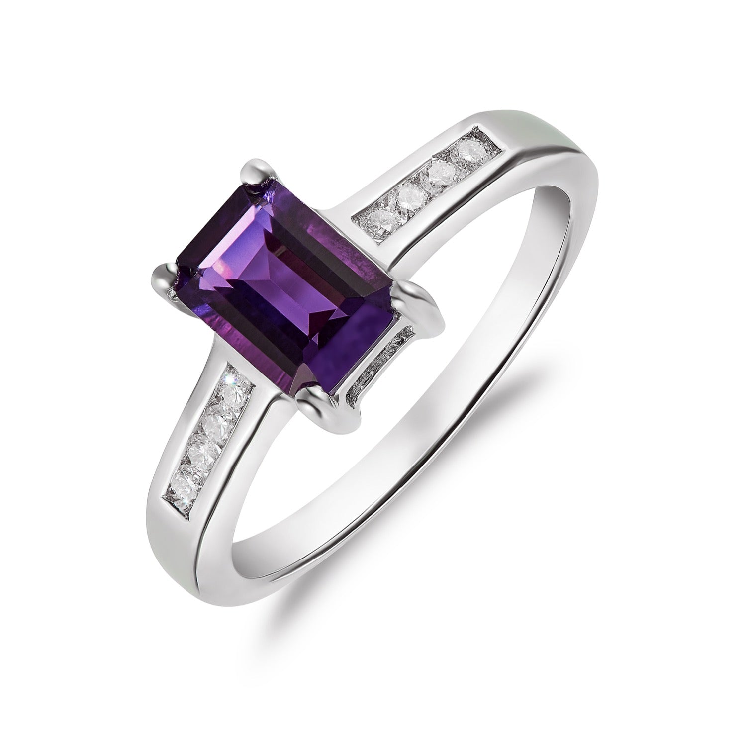 9ct White Gold 7x5 Octagon Amethyst Claw Set Single Stone Ring with Channel Set Diamond Shoulders