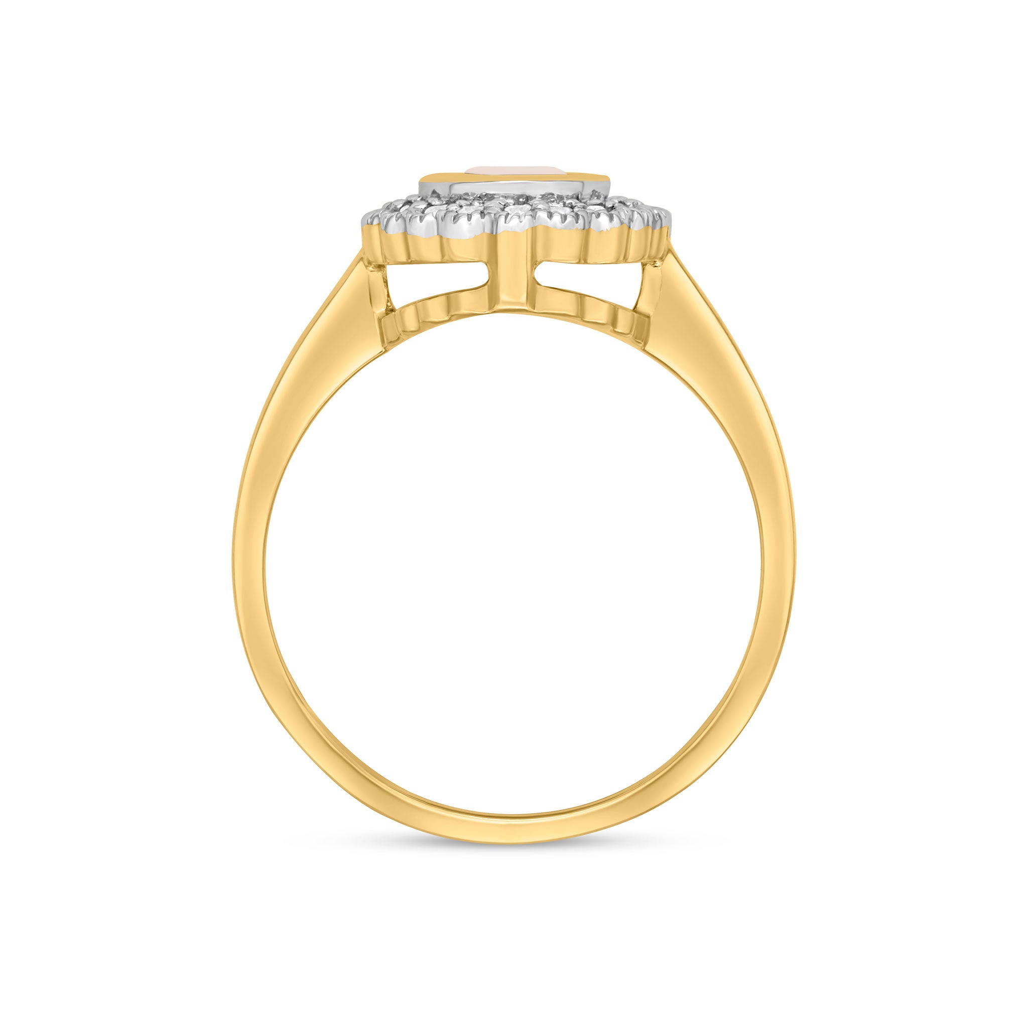 9ct Yellow Gold Rubover Oval Opal and Milgrain Round Diamond Cluster Ring Rhodium to Diamonds