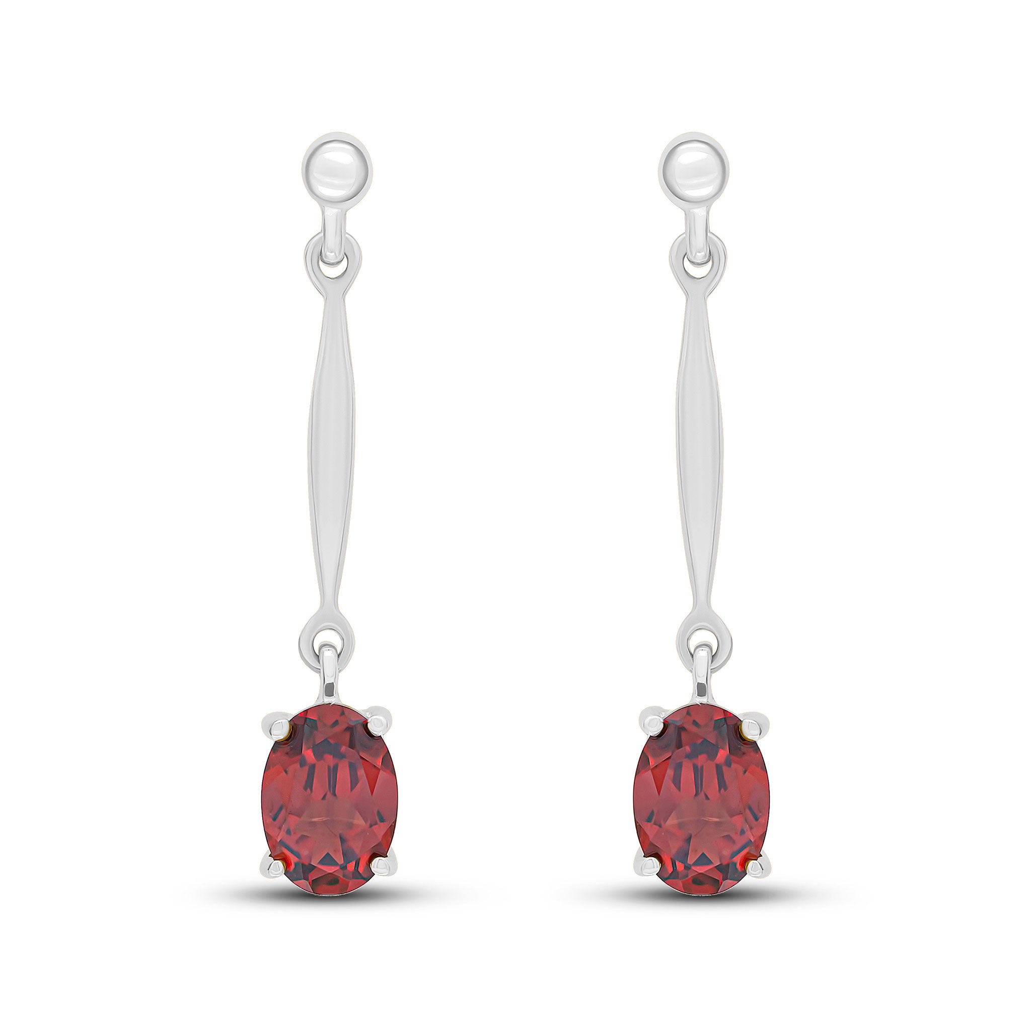 9ct White Gold 7x5mm Oval Garnet and Bar Drop Earrings with Bead Top