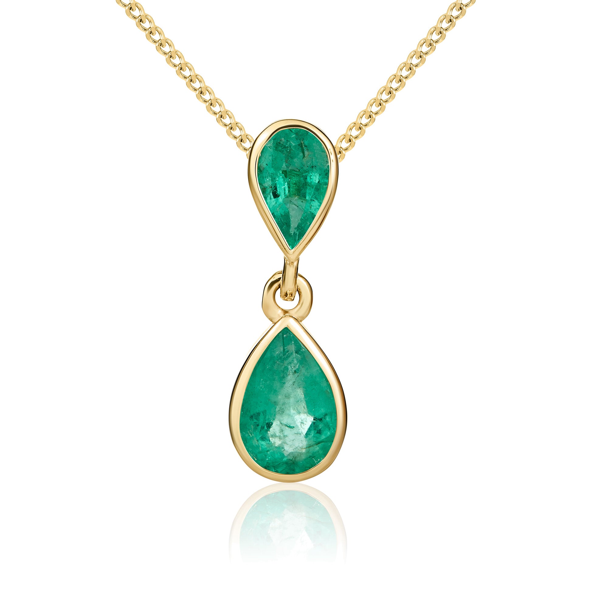 9ct yellow gold pear shape Emerald 2 stone rubover Drop pendant