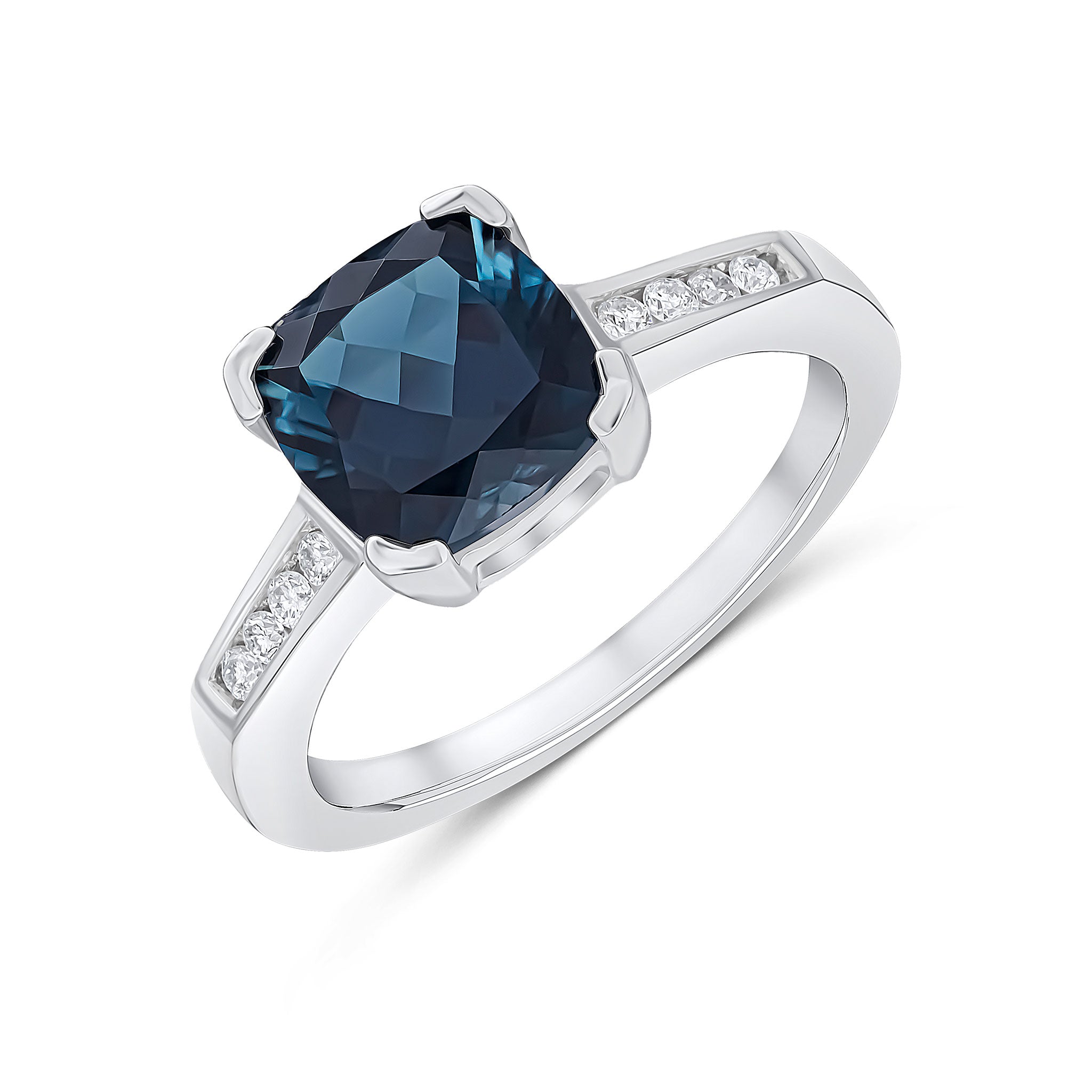 9CT WG CLAW SET CUSHION LONDON BLUE TOPAZ SINGLE STONE RING WITH CHANNEL SET DIAMOND SHOULDERS 1