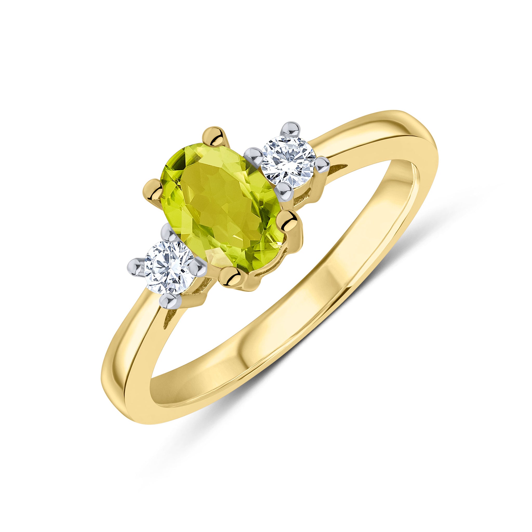 9CT YG 7X5 OVAL PERIDOT AND ROUND DIAMOND CLAW SET 3ST RING. RHODIUM TO DIAMONDS 1
