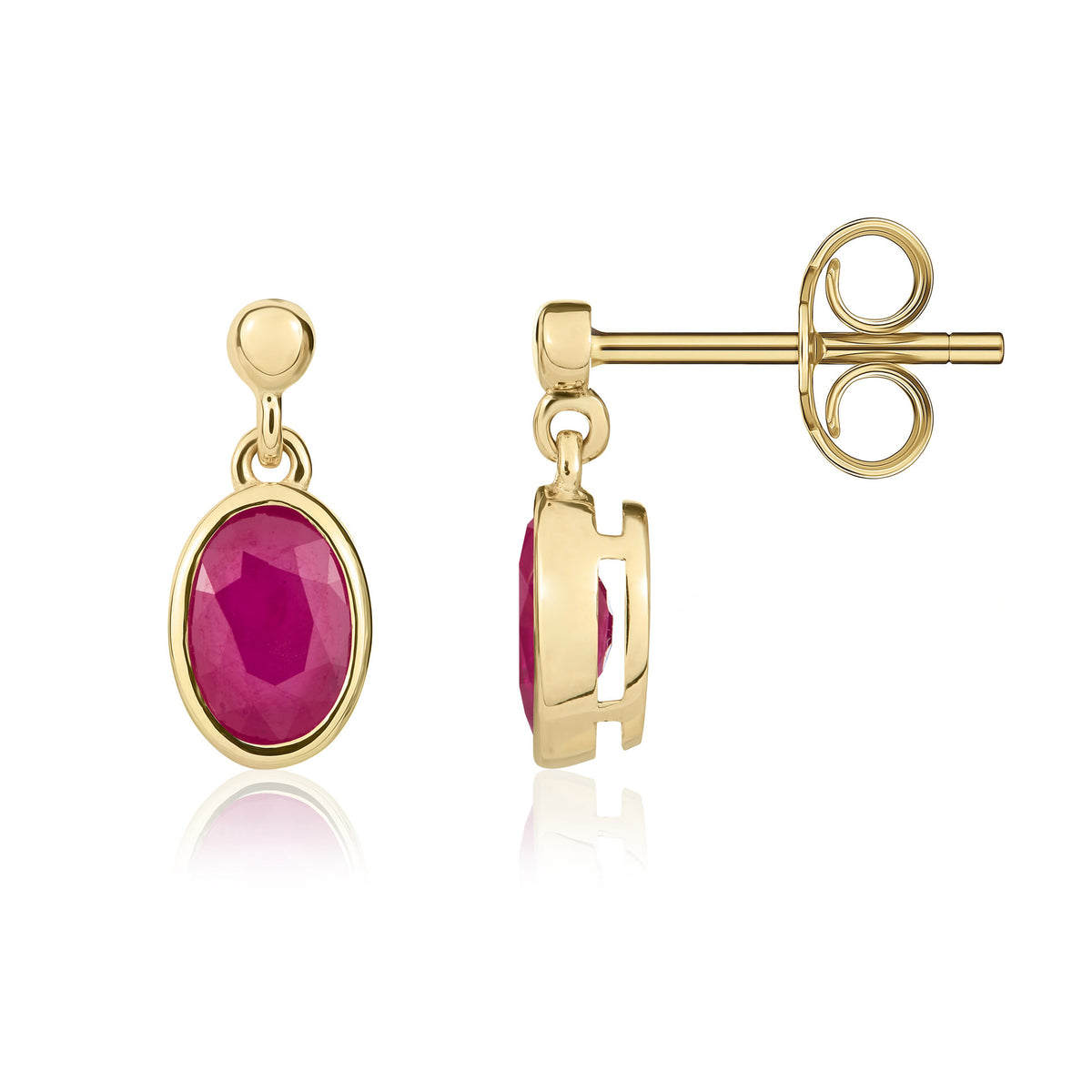 9ct Yellow Gold 6x4 Oval Ruby Rubover Drop Earrings with 2.5mm Bead Top