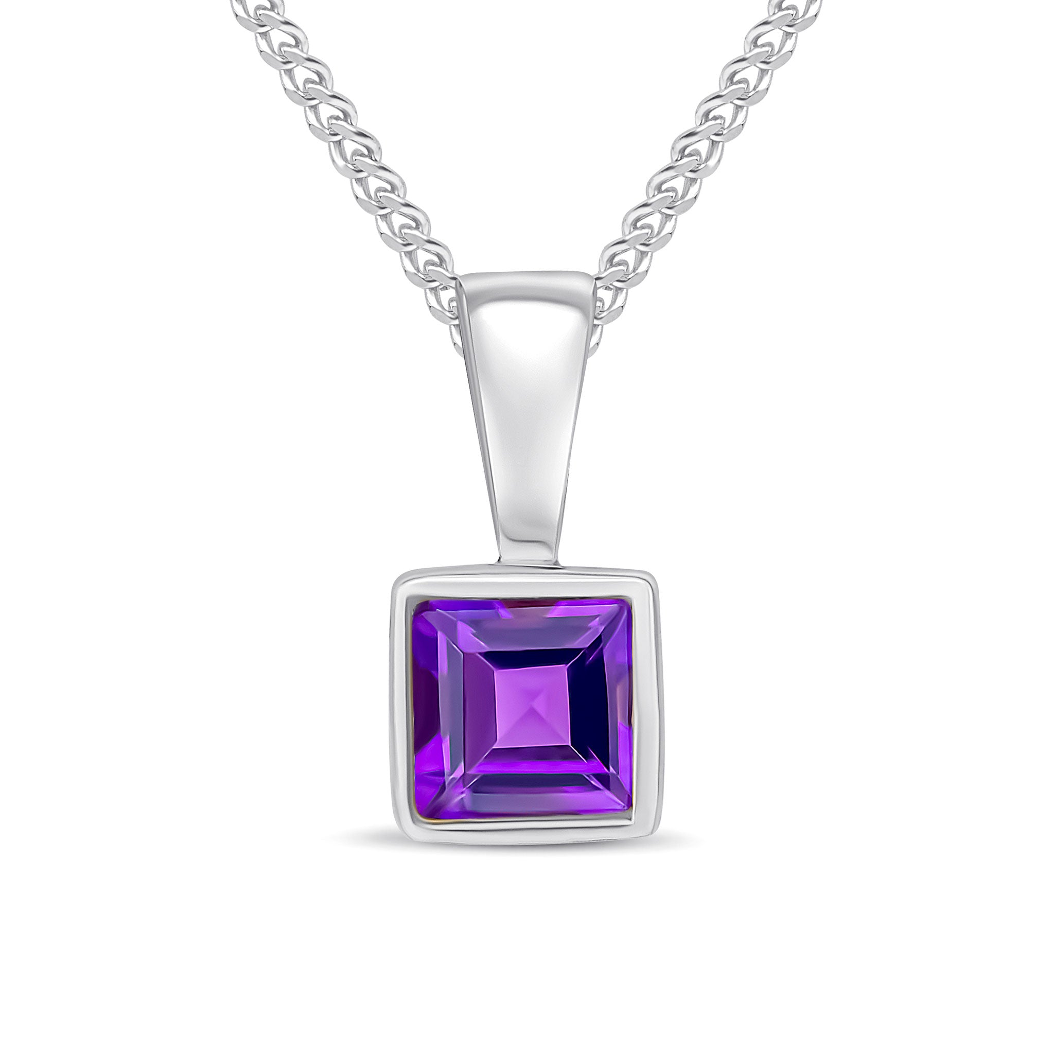 9ct White Gold 4mm Square Amethyst Rubover Pendant
